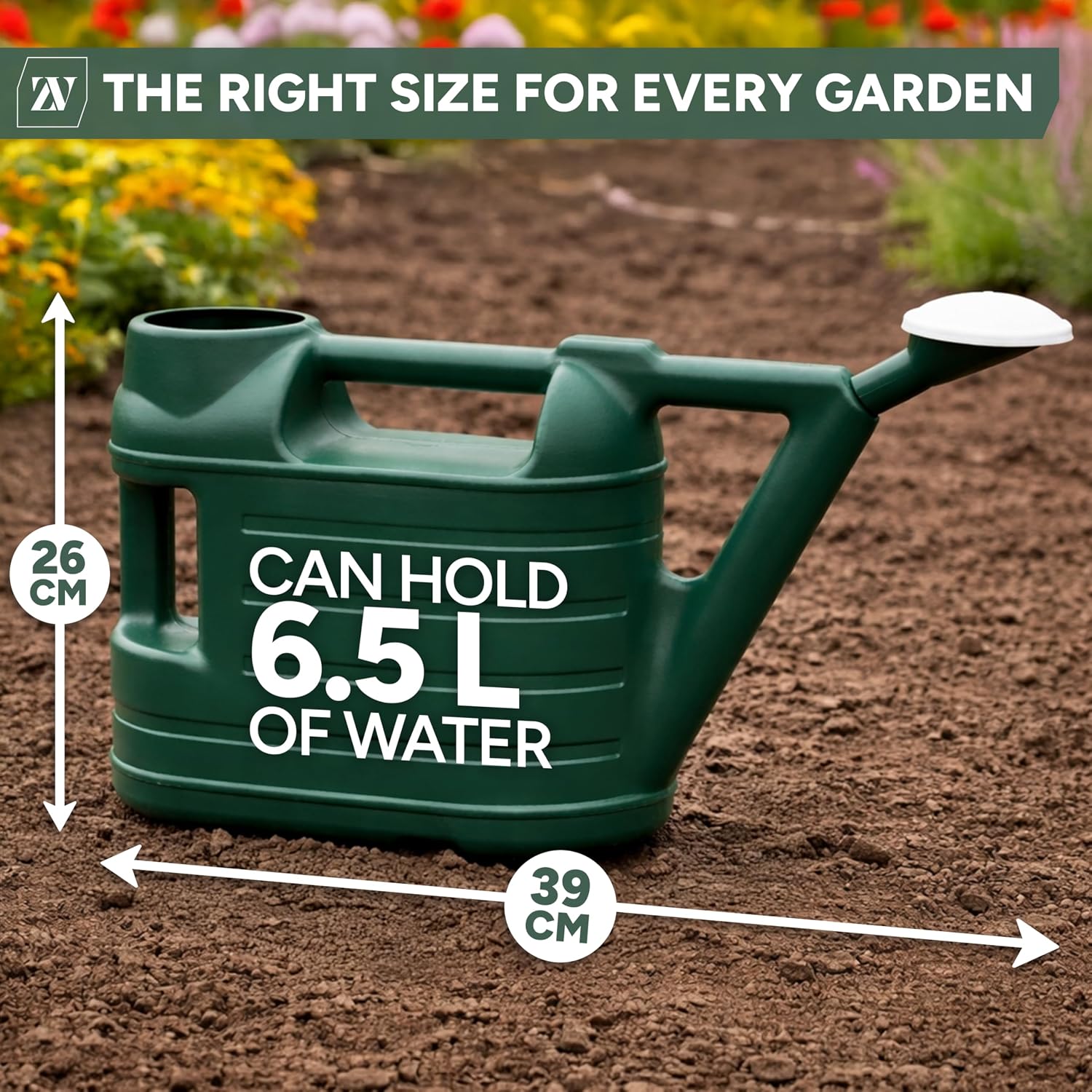 Infographic showing the Zuvo watering can measures 39cm long and 26cm tall