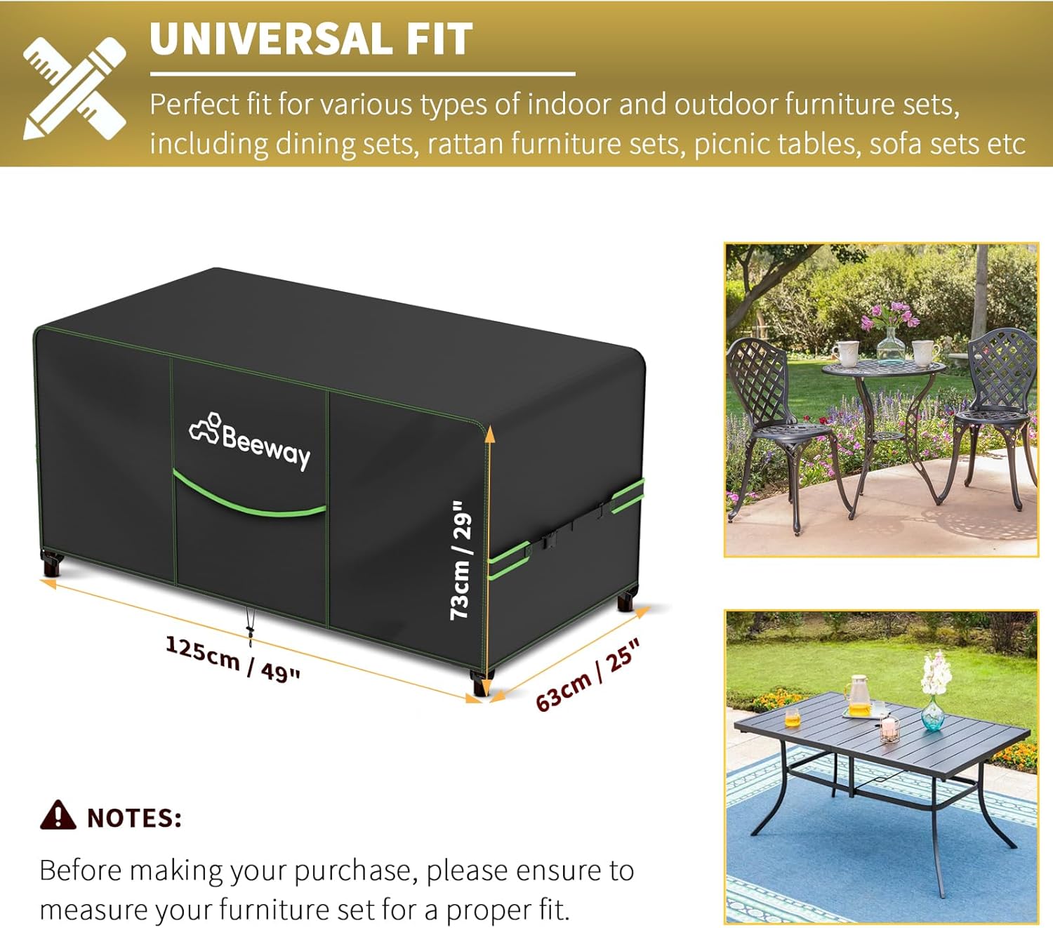 BEEWAY cover dimension diagram showing 125 cm length, 63 cm width and 73 cm height, alongside a bistro set and a rectangular garden table