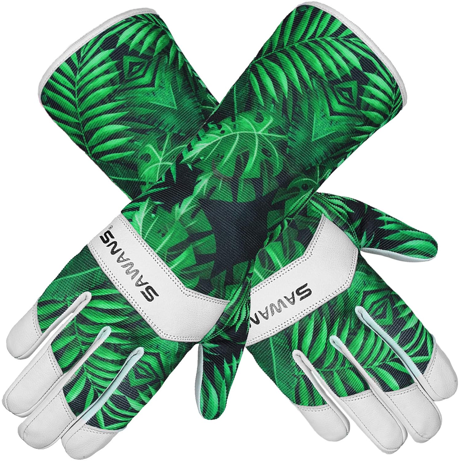 Pair of leaf-print gardening gloves crossed to show the leather finger panels and wrist straps