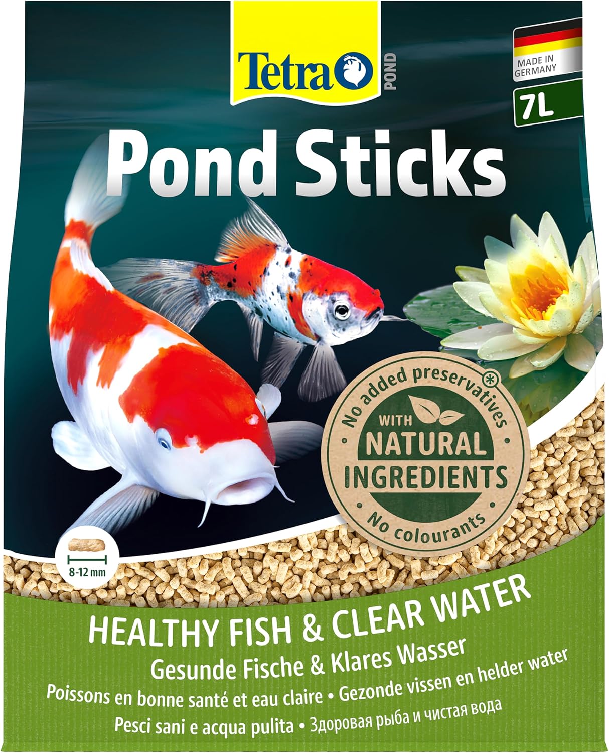 Front of the 7 litre Tetra Pond Sticks bag showing the made in Germany flag and healthy fish clear water strapline