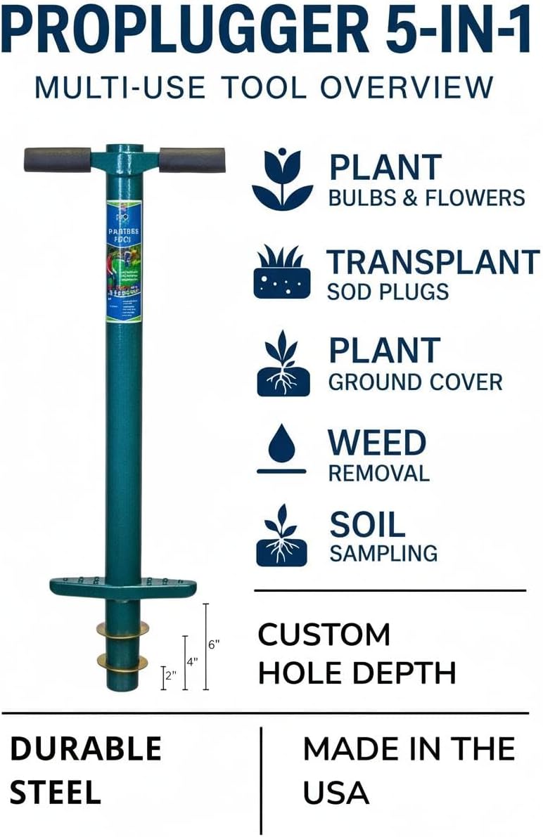 ProPlugger listing infographic showing the tool's five uses and depth callouts at 2, 4 and 6 inches