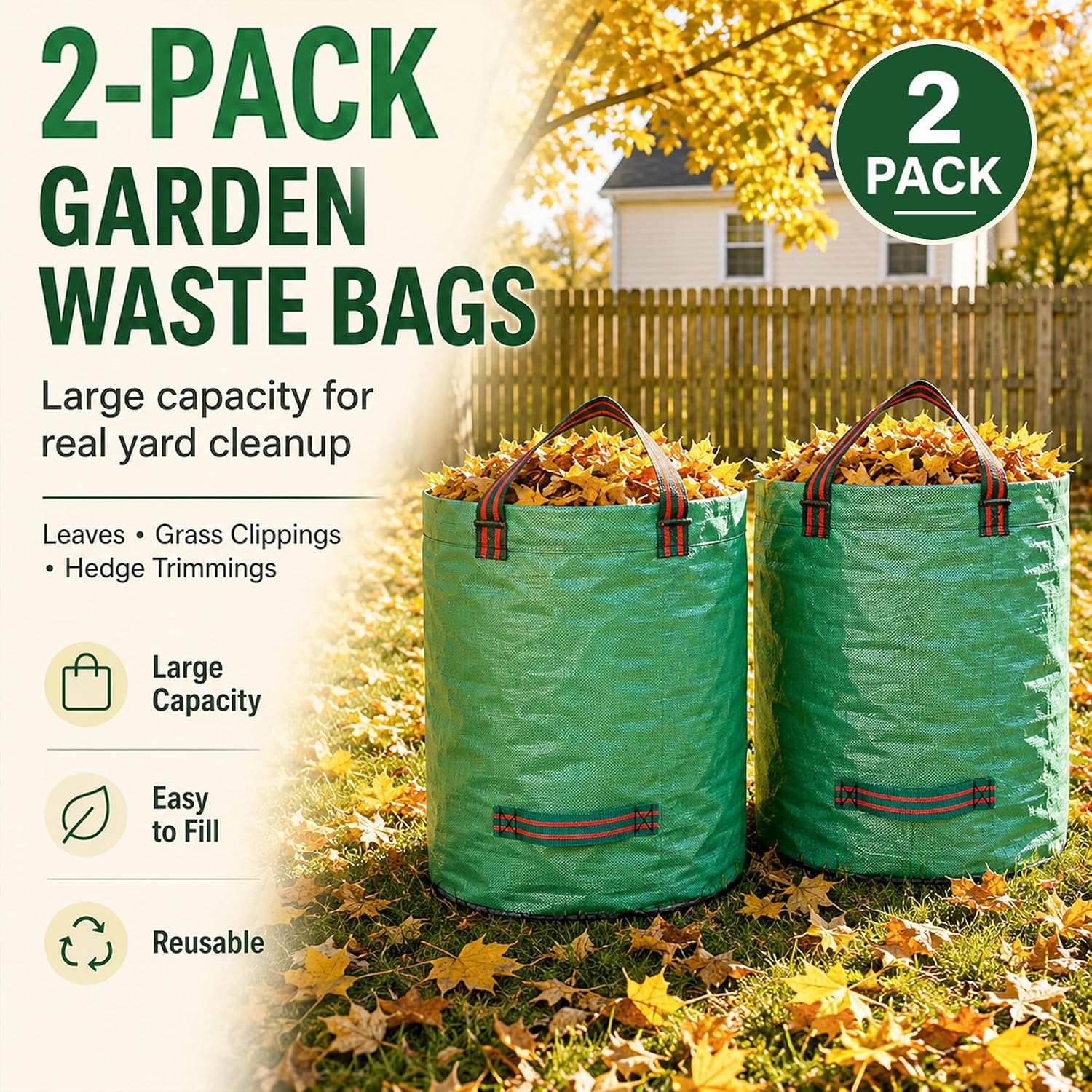Two filled Singwow garden waste bags standing on a lawn covered in fallen autumn leaves