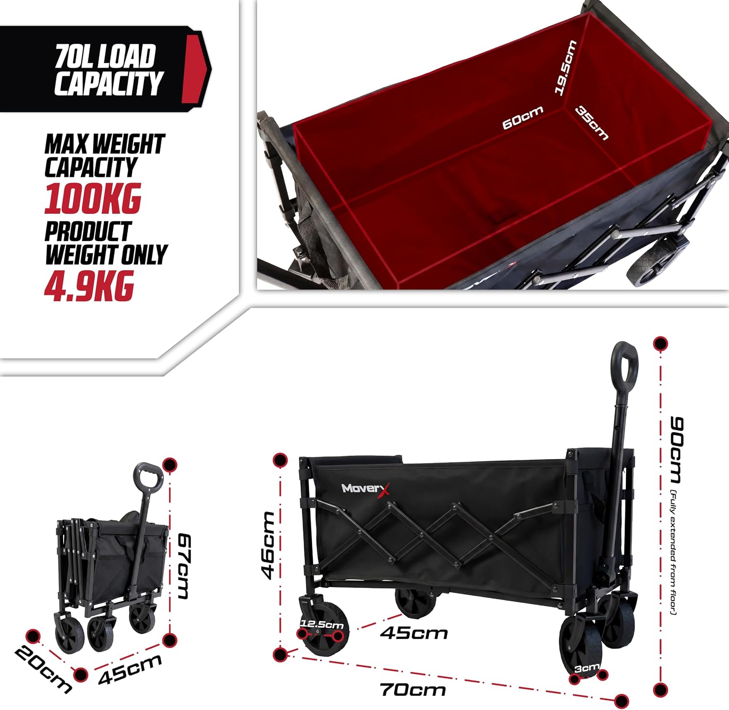 MoverX dimension graphic showing a 60 x 35 x 19.5cm load bed, 70cm open length, 46cm height and 90cm handle