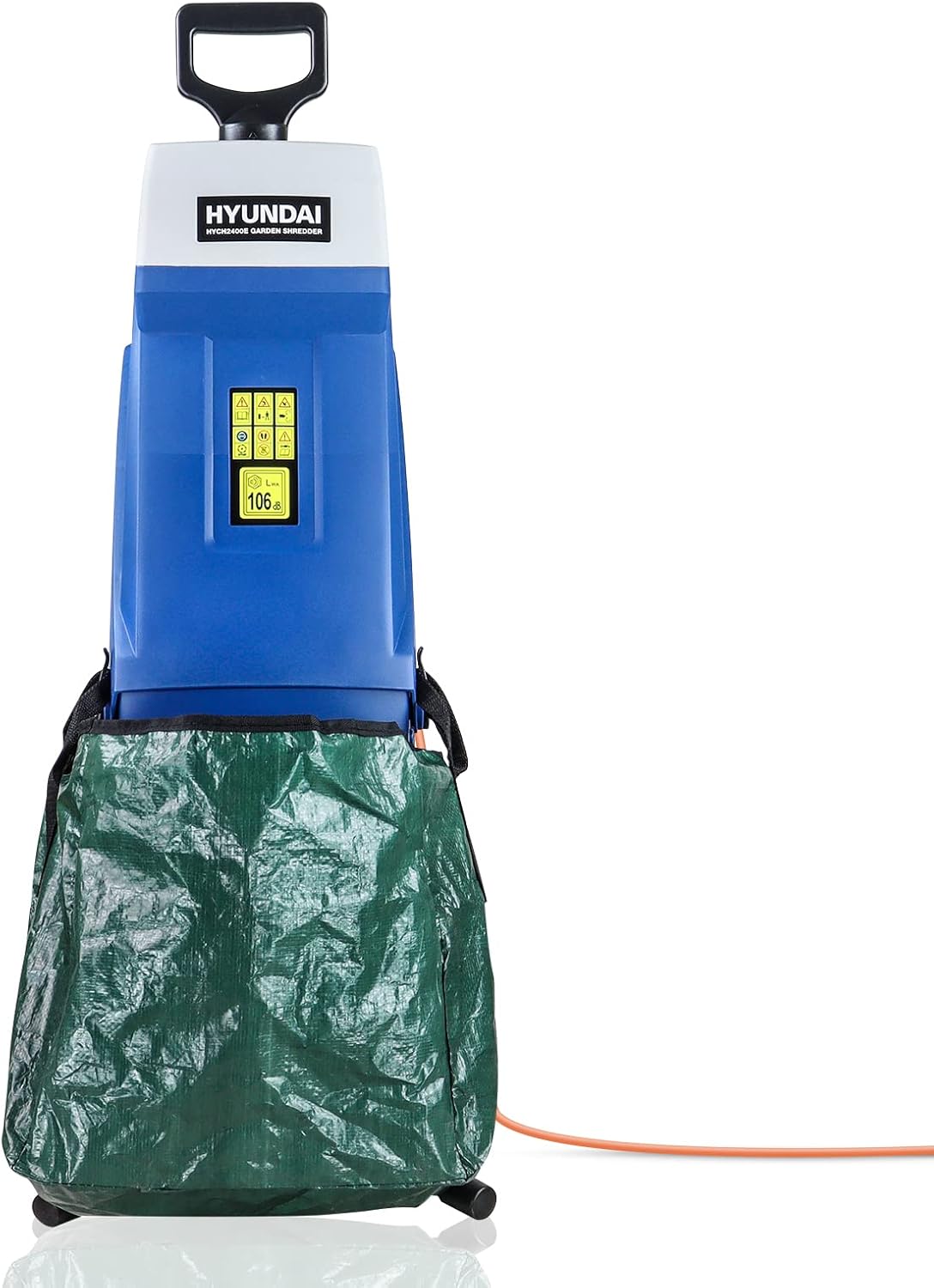 Front view of the Hyundai shredder showing the yellow warning decal with the 106 sound power marking above the green collection bag