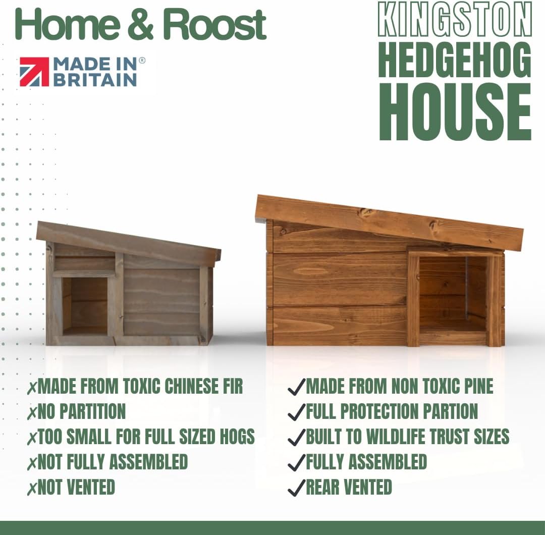 Home and Roost comparison chart placing the Kingston hedgehog house beside a greyed-out rival box, with five crosses against the rival including too small for full sized hogs and five ticks for the Kingston including built to Wildlife Trust sizes