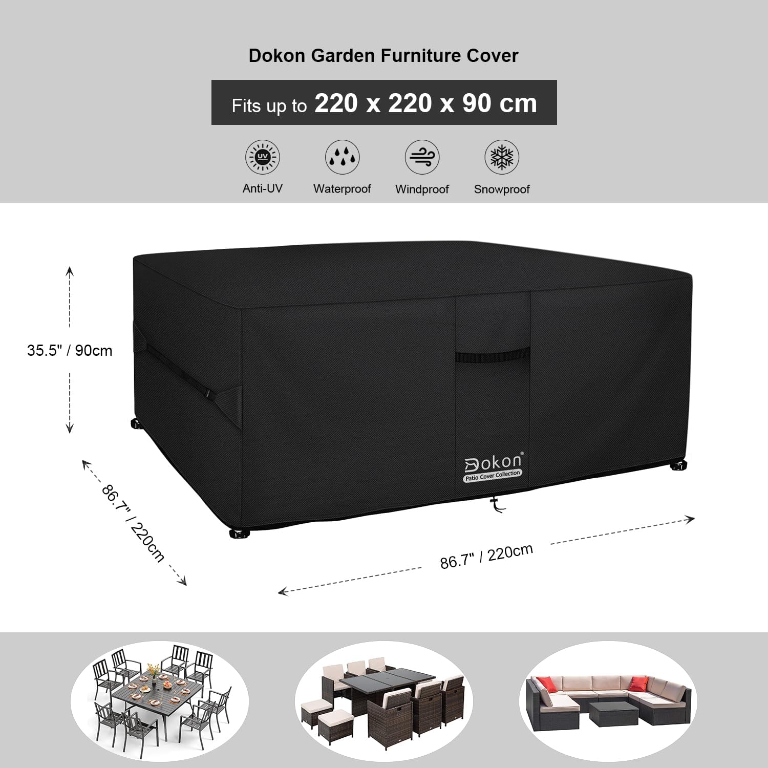 Sizing diagram of the Dokon cover marked 220cm long, 220cm wide and 90cm high with dining, cube and corner sofa sets below