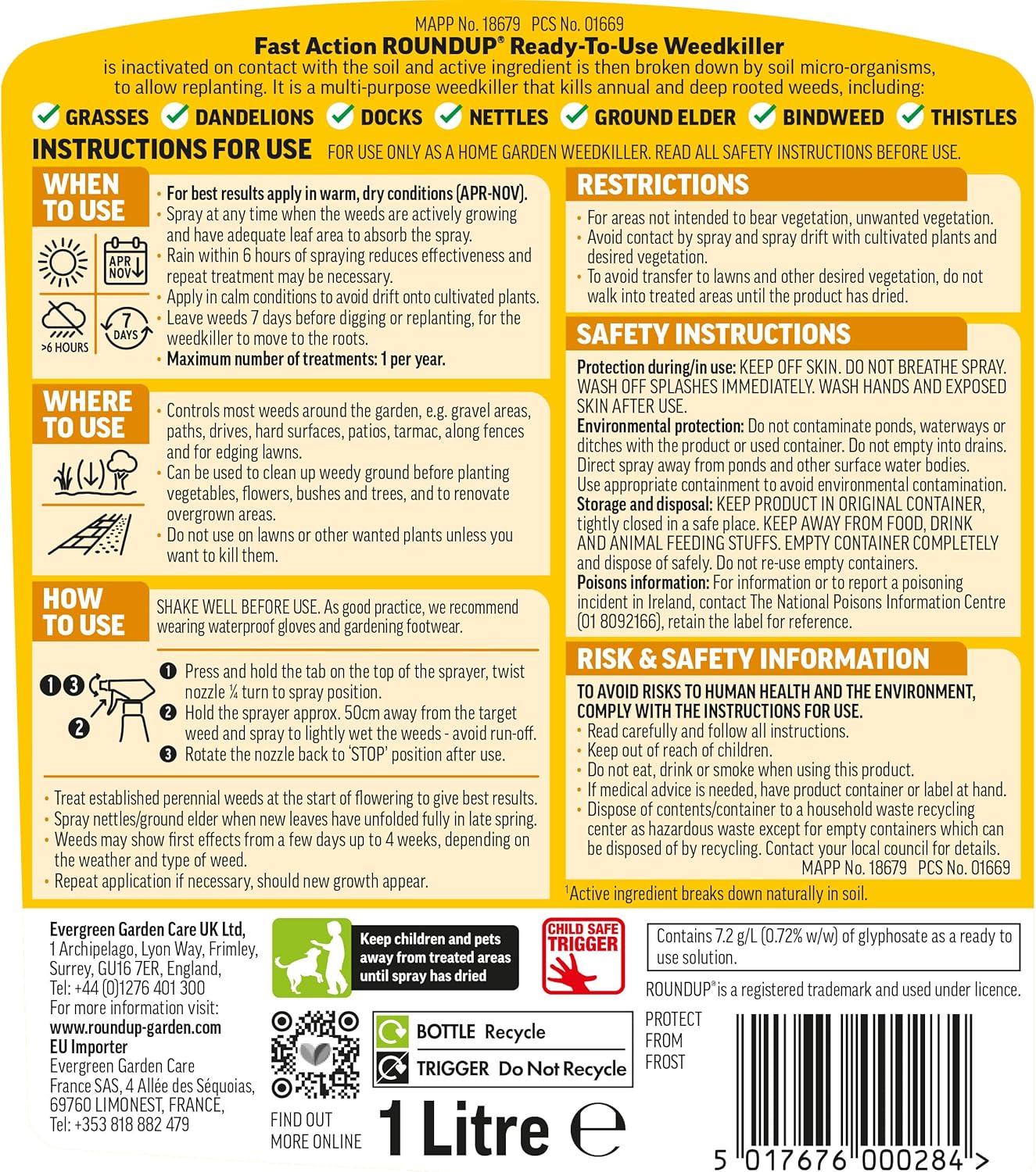 Side angle view of the Roundup Total Fast Action bottle showing the label and grip