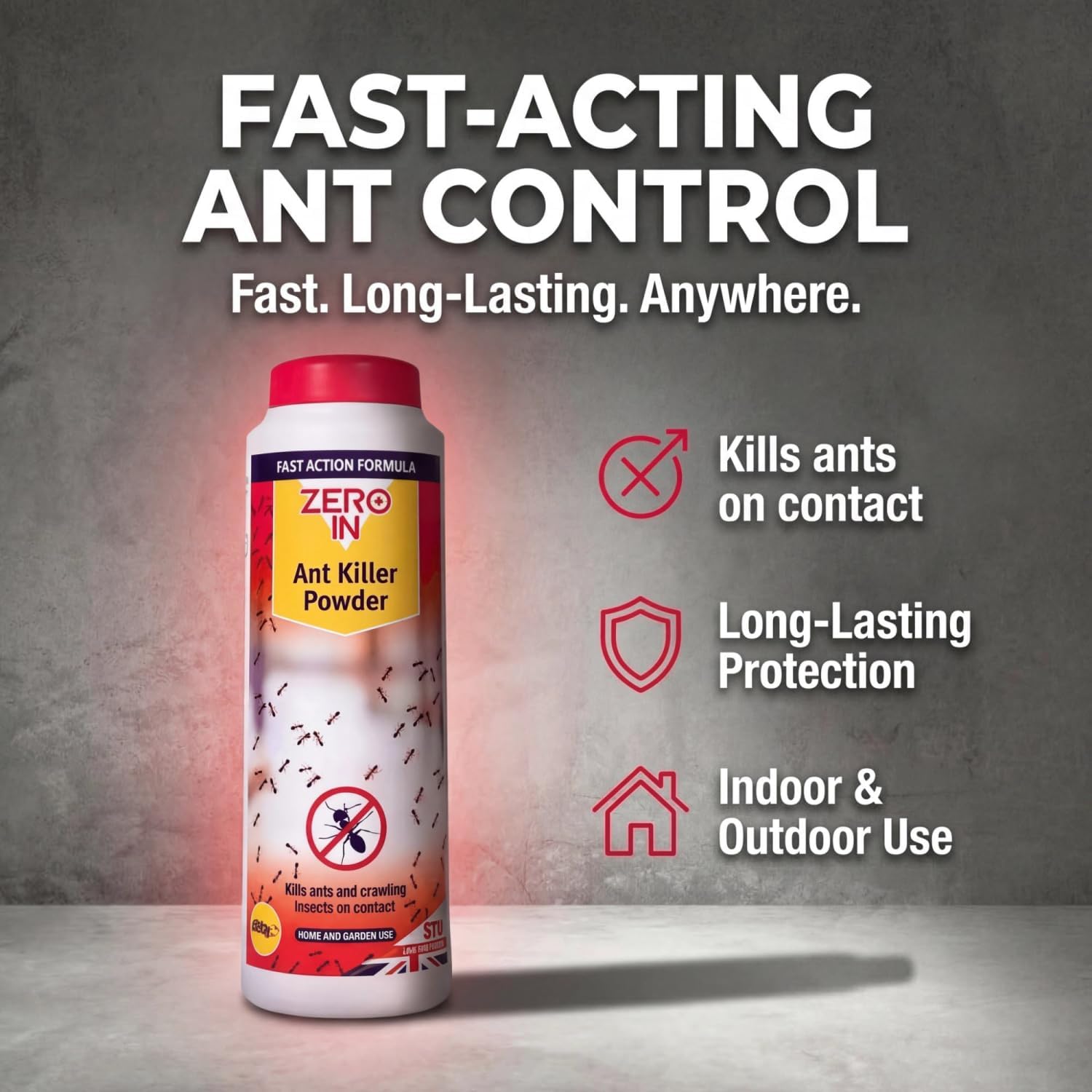 Angled view of the Zero In ant powder tub showing the puffer applicator nozzle