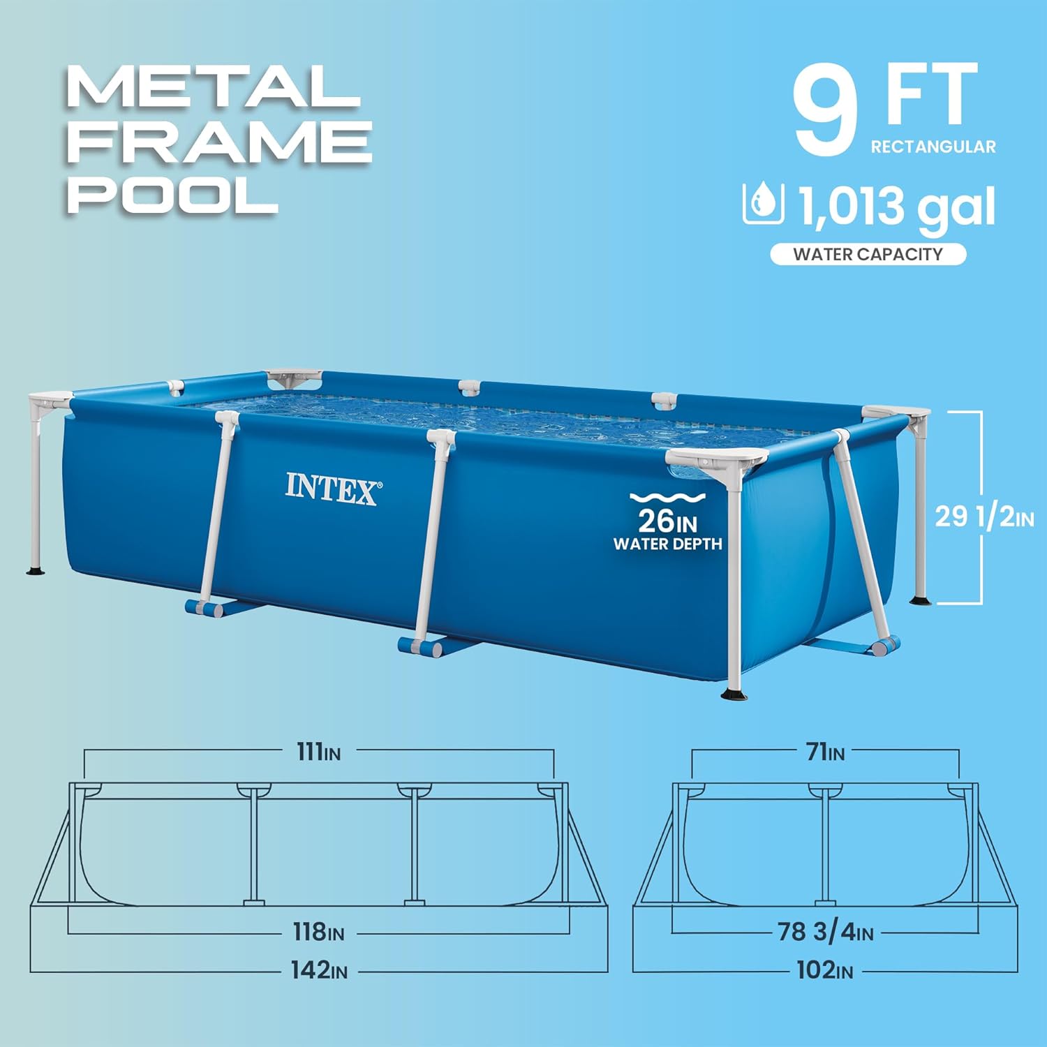 Side view of the Intex rectangular pool showing the steel frame angle
