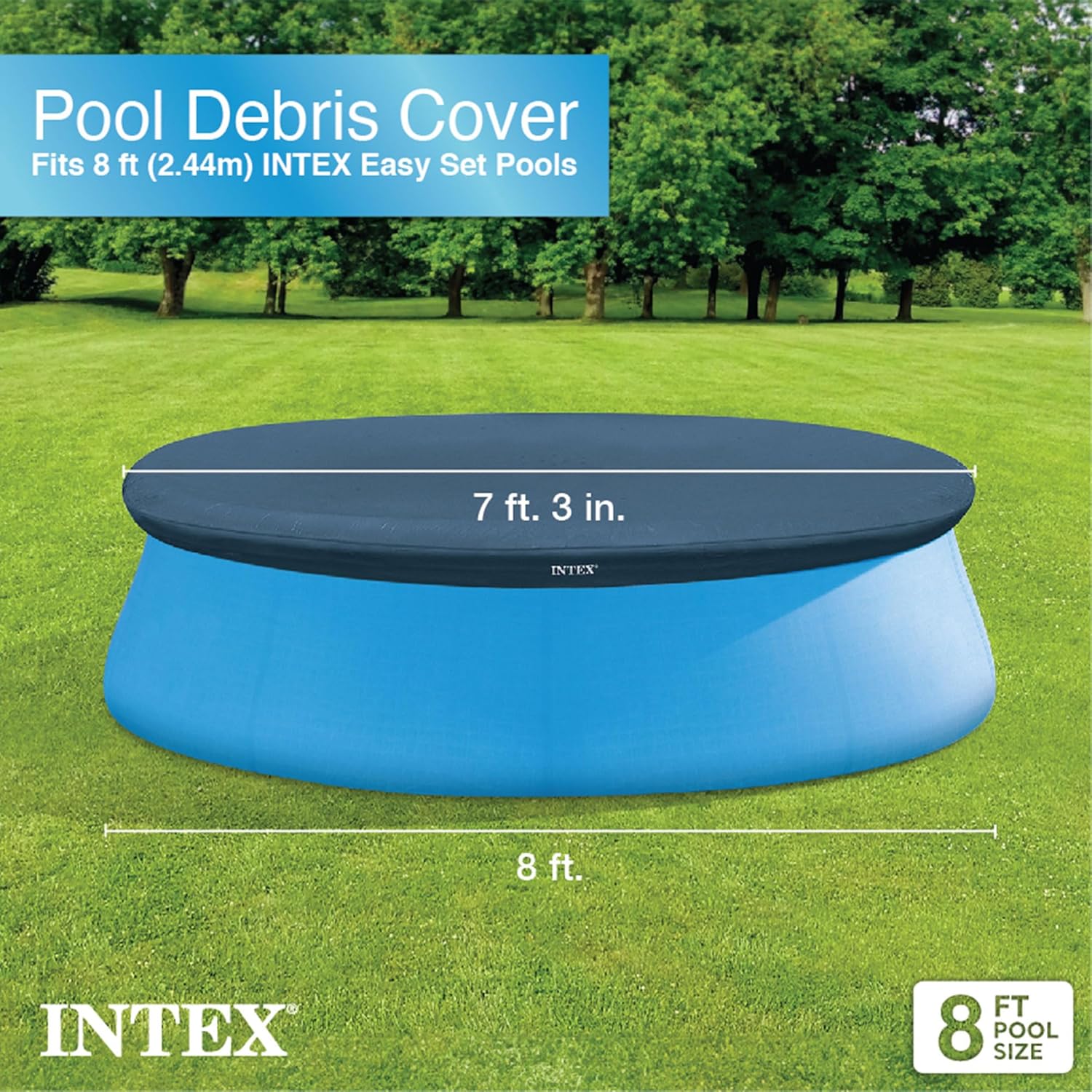 Intex pool cover viewed from an angle showing the drawstring skirt and overlap