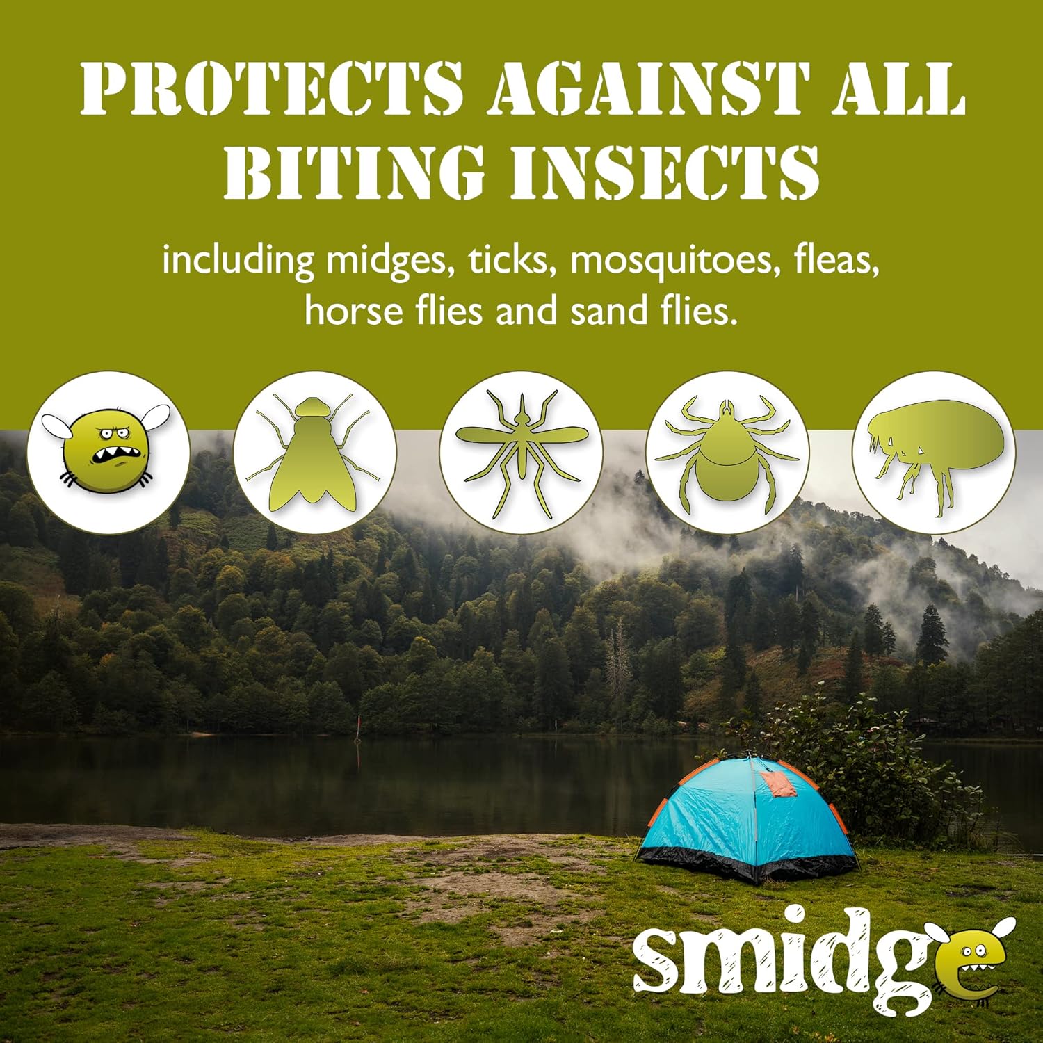 Smidge infographic of a tent pitched beside a loch listing protection against midges, ticks, mosquitoes, fleas, horse flies and sand flies