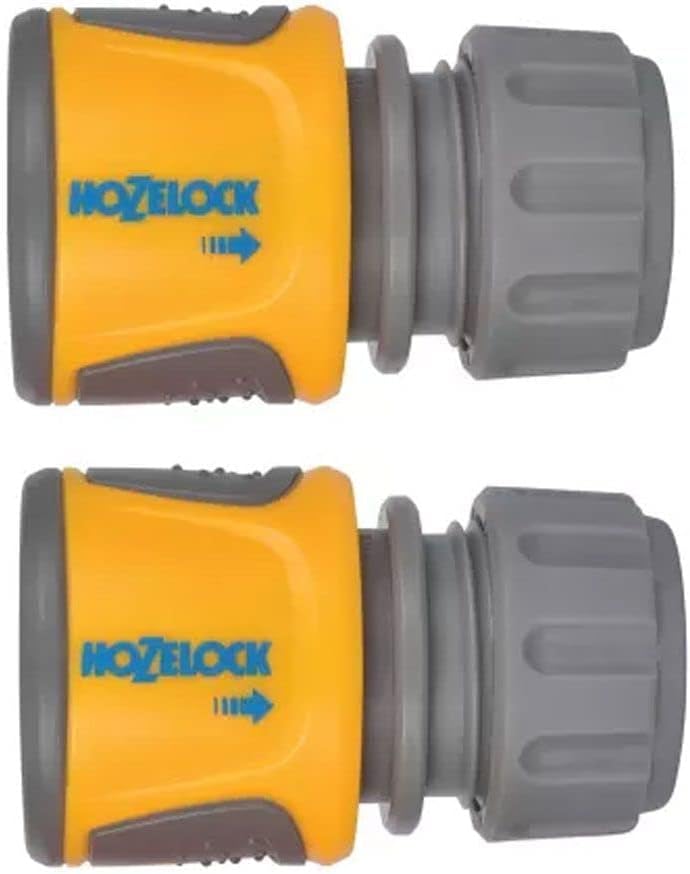 Hozelock hose end connector shown at an angle against a plain background