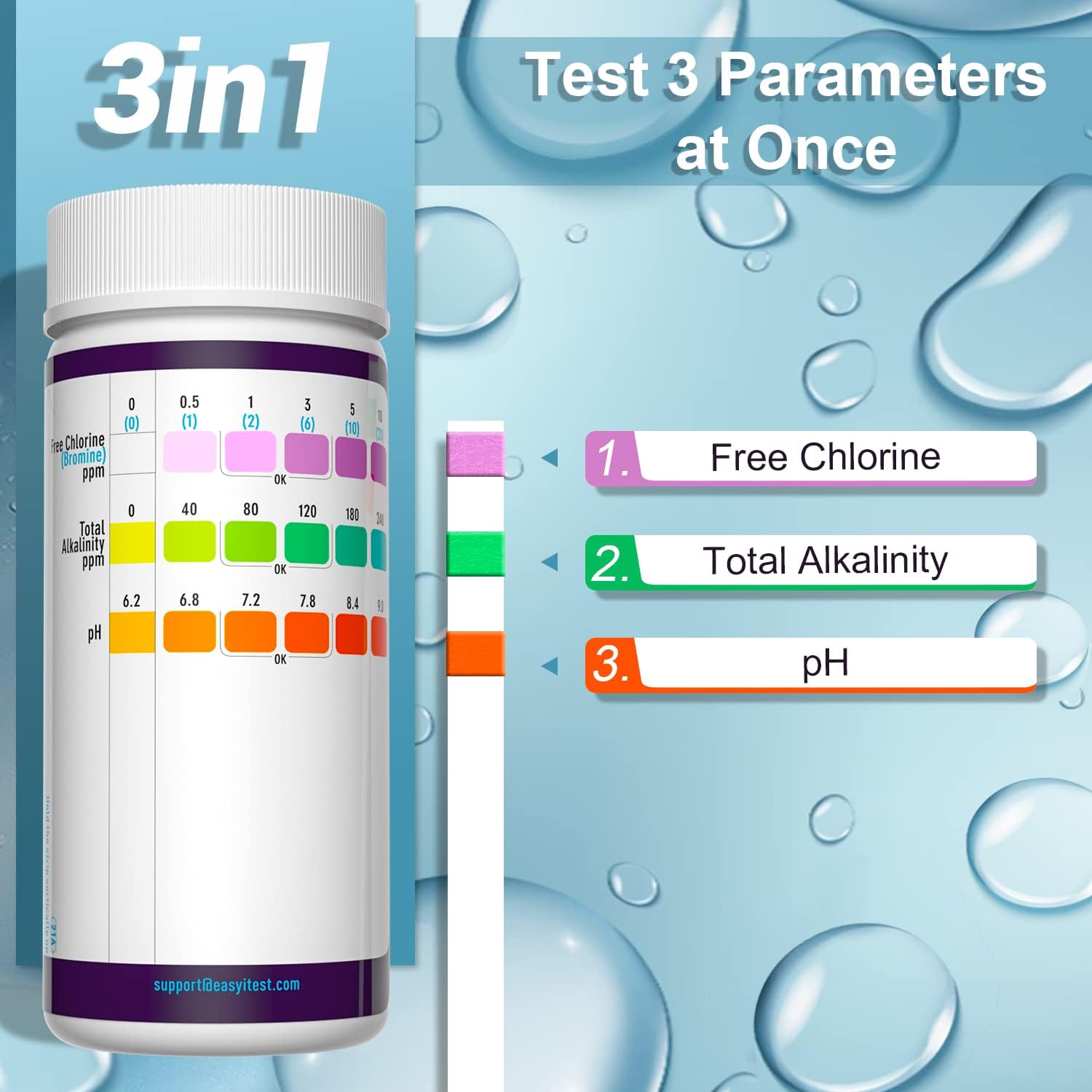 EASYTEST test strips shown at an angle next to pool and spa water