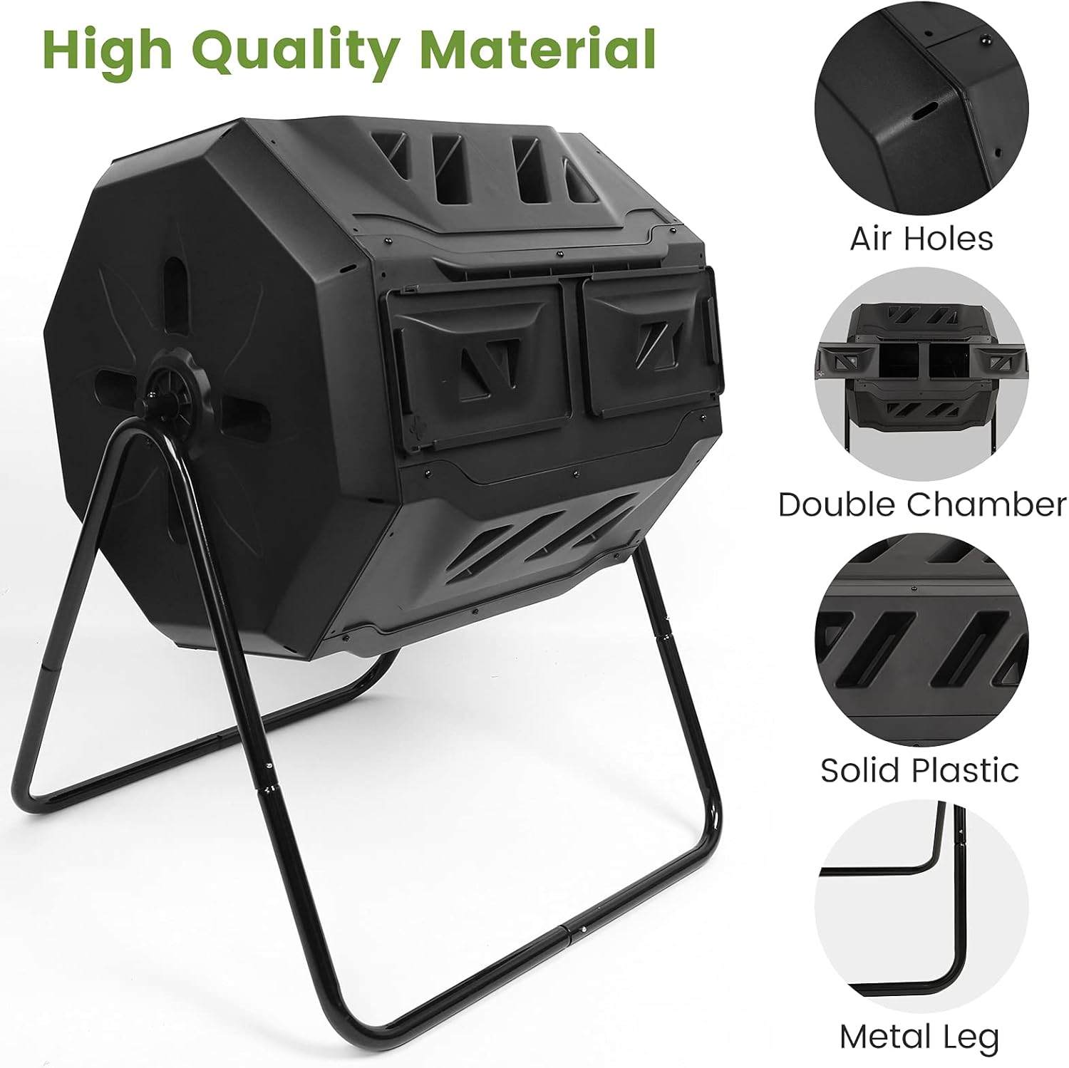 Side angle of the Dripex composter showing the sliding doors and low steel legs