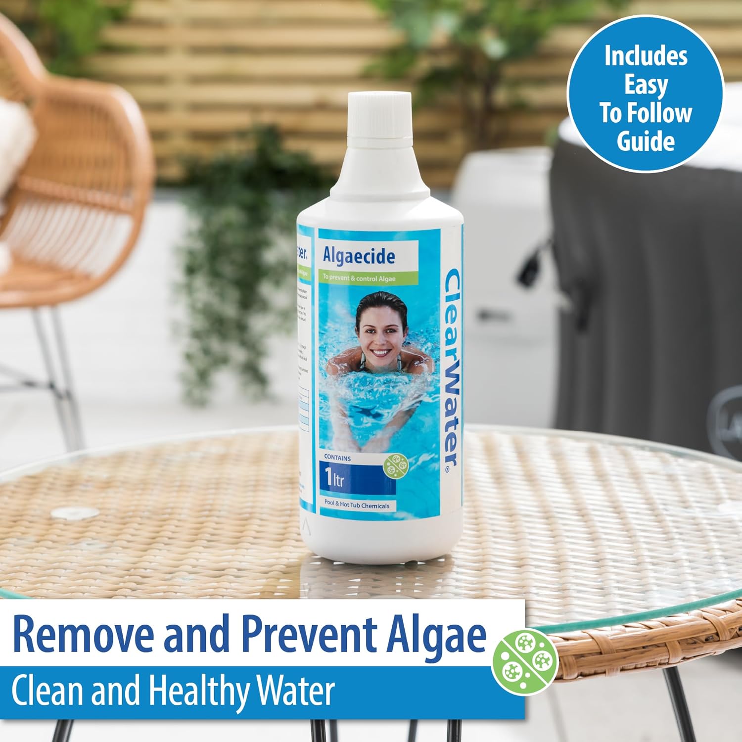 Clearwater Algaecide bottle shown at an angle against a plain background