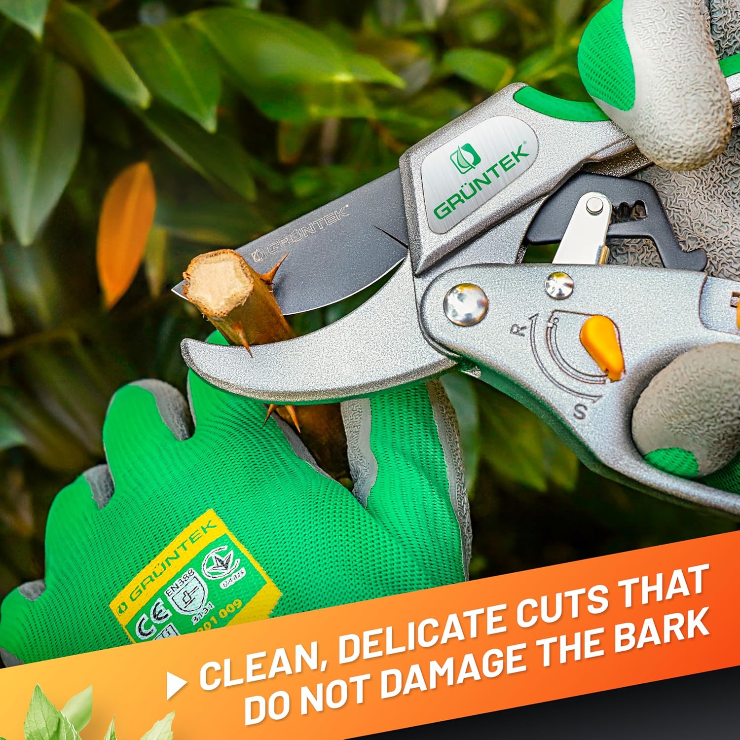 Ratchet secateurs shown at an angle with handles partly open