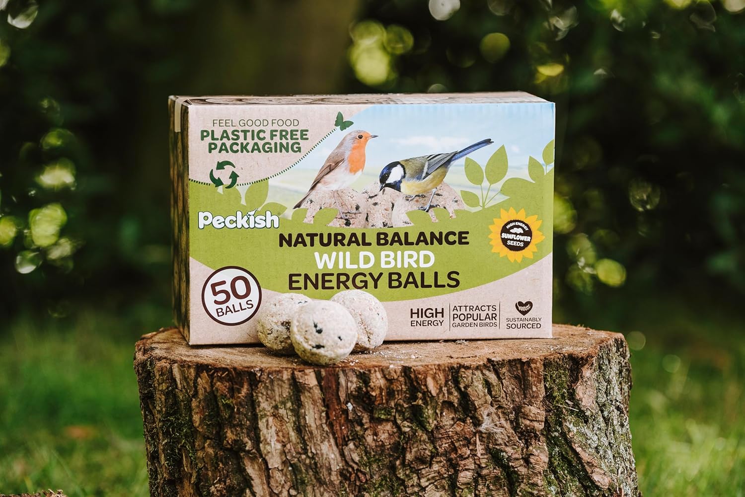 Angle view of the Peckish Natural Balance fat balls product box