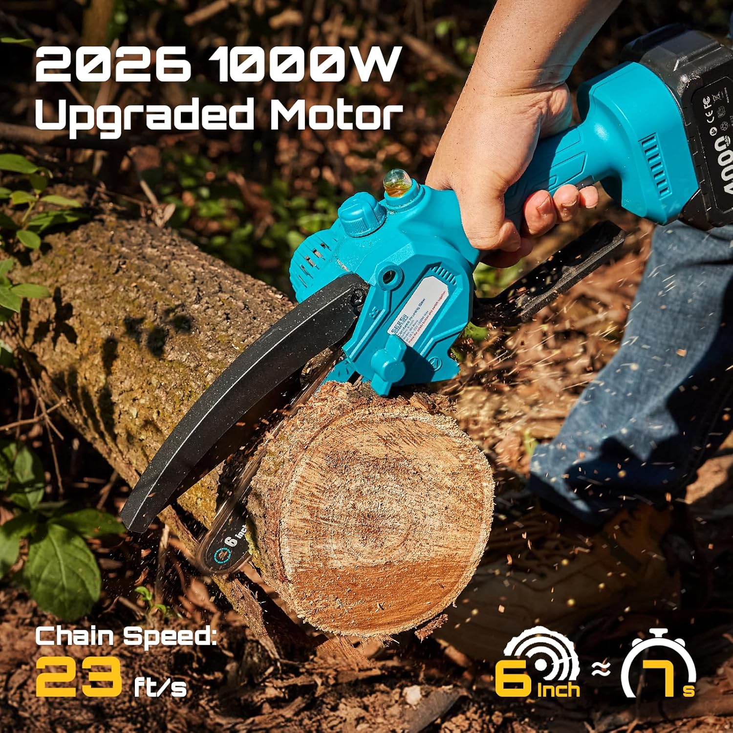 Seesii mini chainsaw slicing through a log on woodland floor, with 1000W motor and 23ft per second chain speed callouts