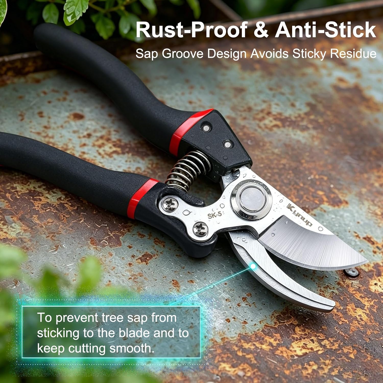 Kynup secateurs on a workbench showing the rust-resistant coated blade and sap groove design