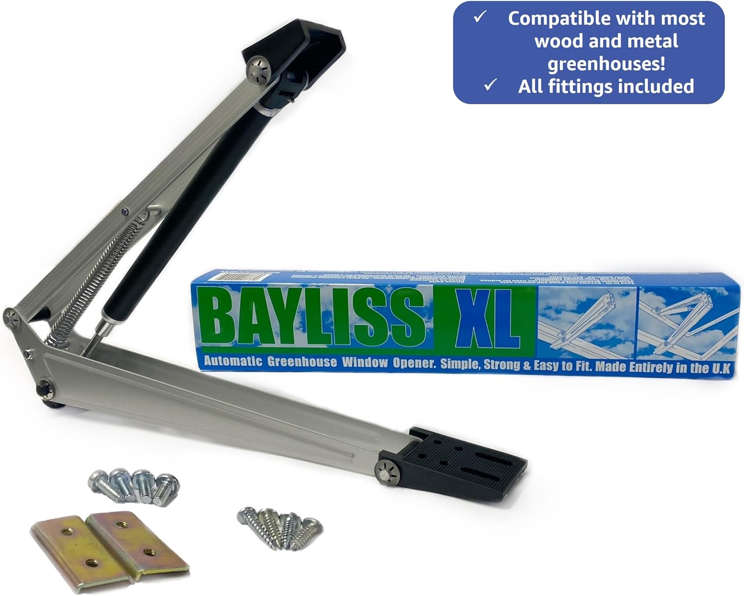 Bayliss XL Autovent laid beside its box with the supplied bolts, screws and metal backing plates