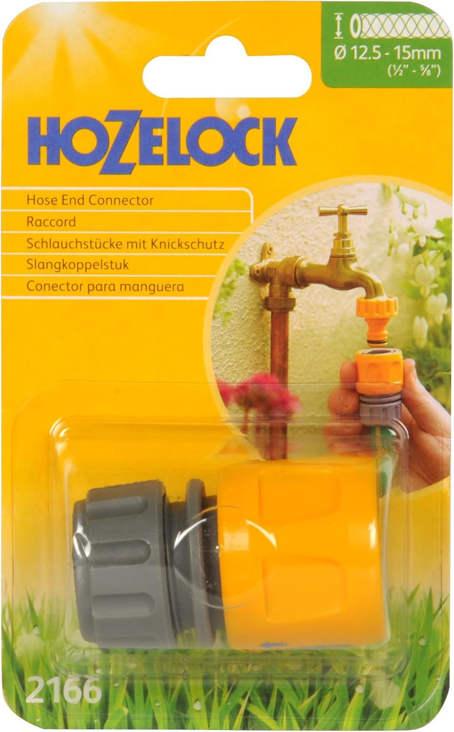 Hozelock 2166 hose end connector in retail packaging showing 12.5mm to 15mm hose compatibility