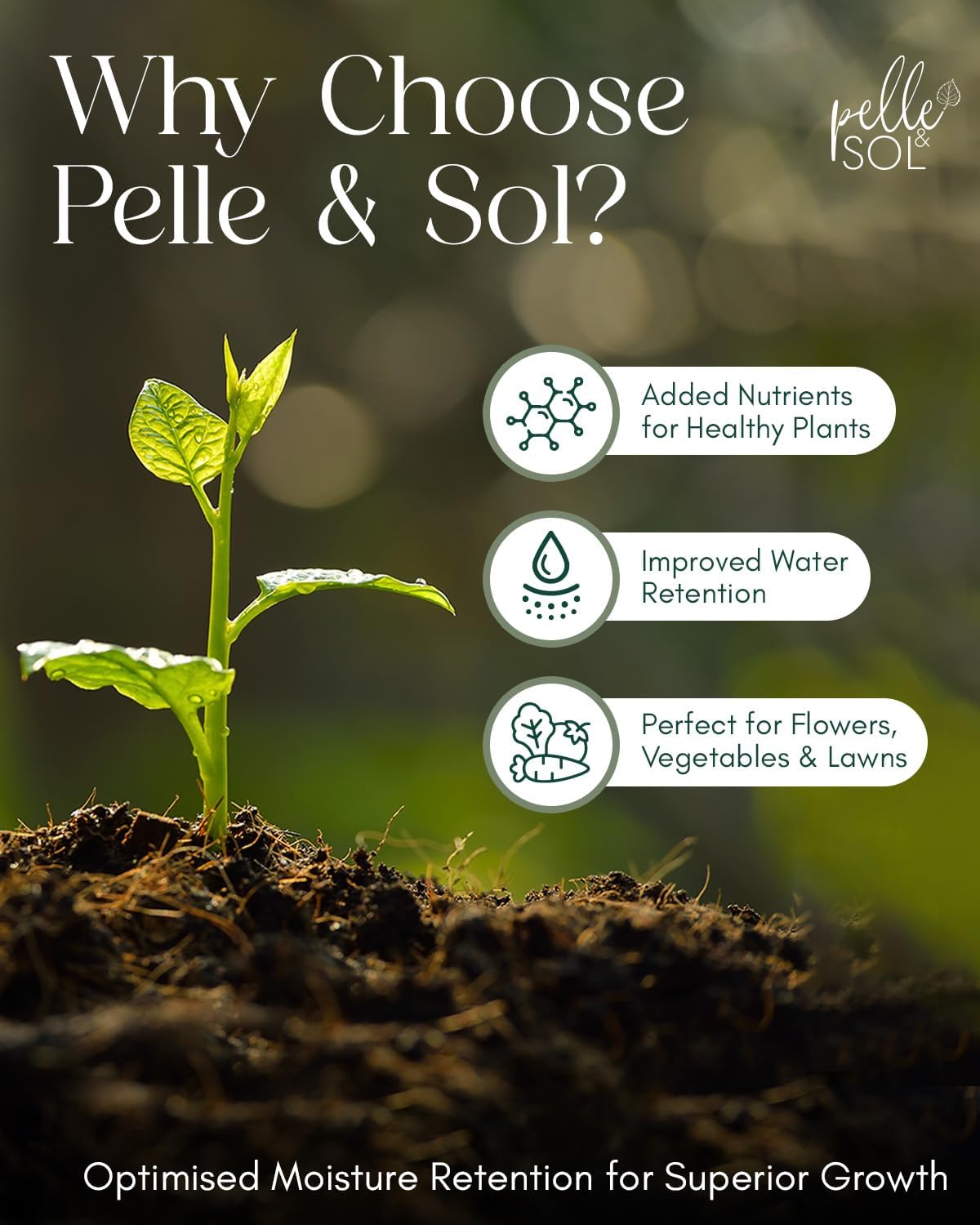 Why choose Pelle & Sol graphic listing added nutrients, improved water retention and suitability for flowers, vegetables and lawns