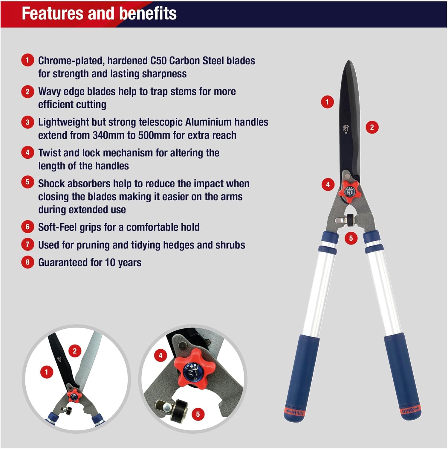 Spear and Jackson 8120RS features list including C50 carbon steel wavy-edge blades and telescopic aluminium handles