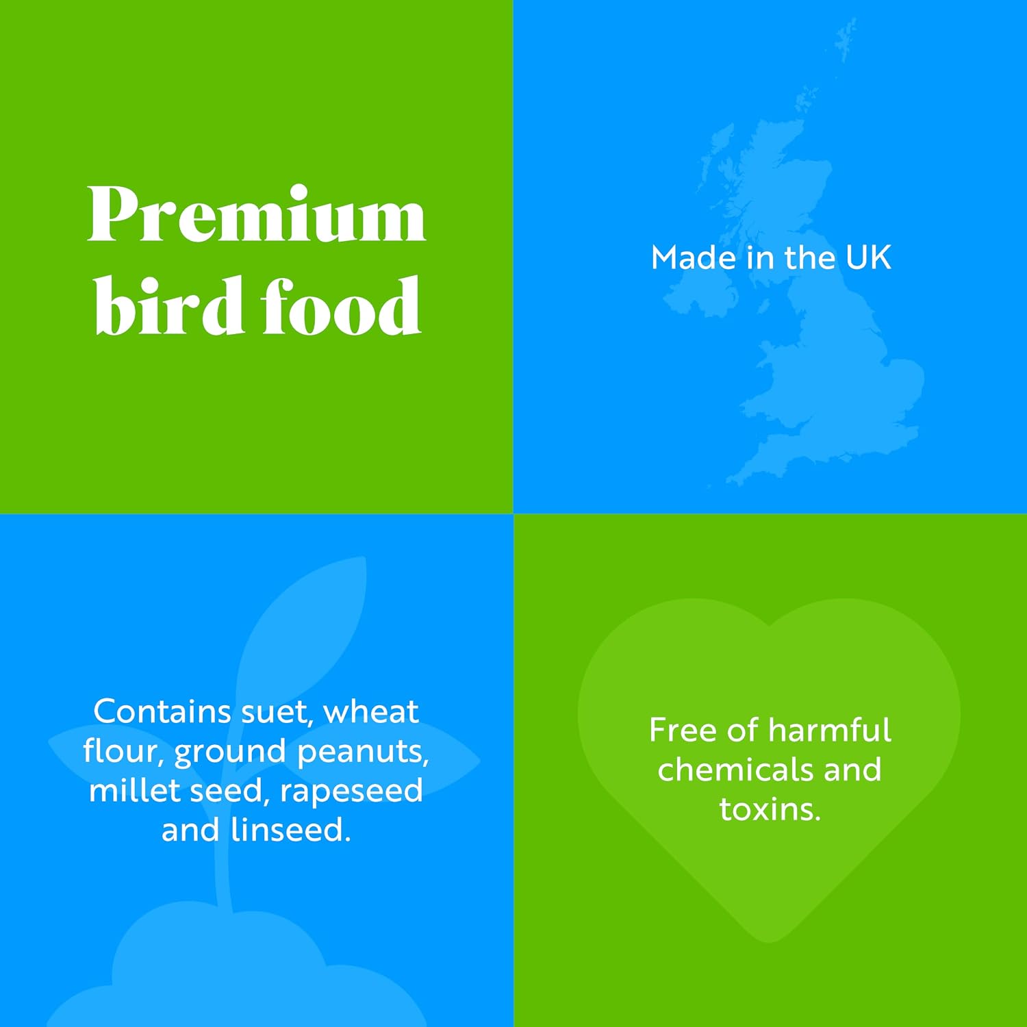 RSPB infographic describing premium bird food made in the UK containing suet, wheat flour, ground peanuts, millet seed, rapeseed and linseed