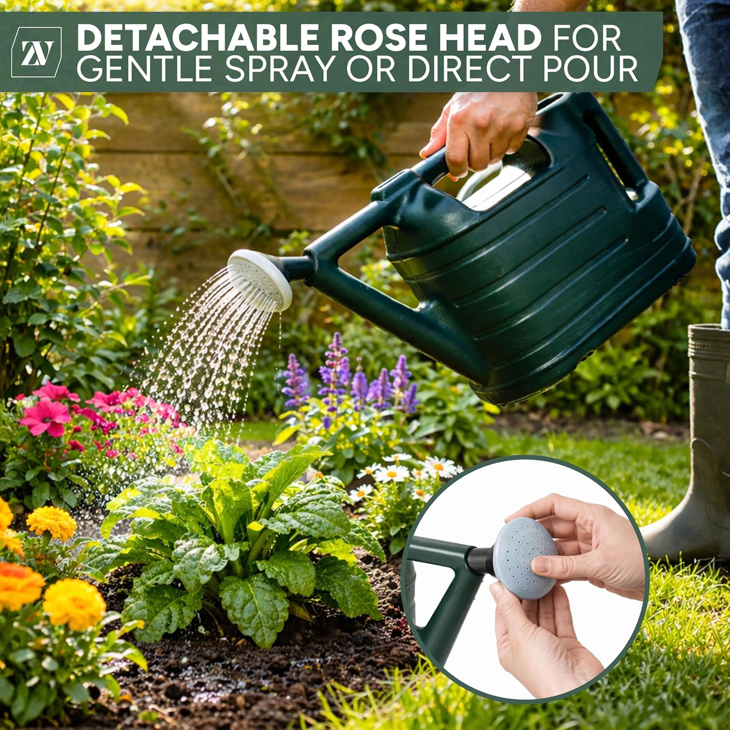 Zuvo watering can spraying a flower border through its detachable rose head