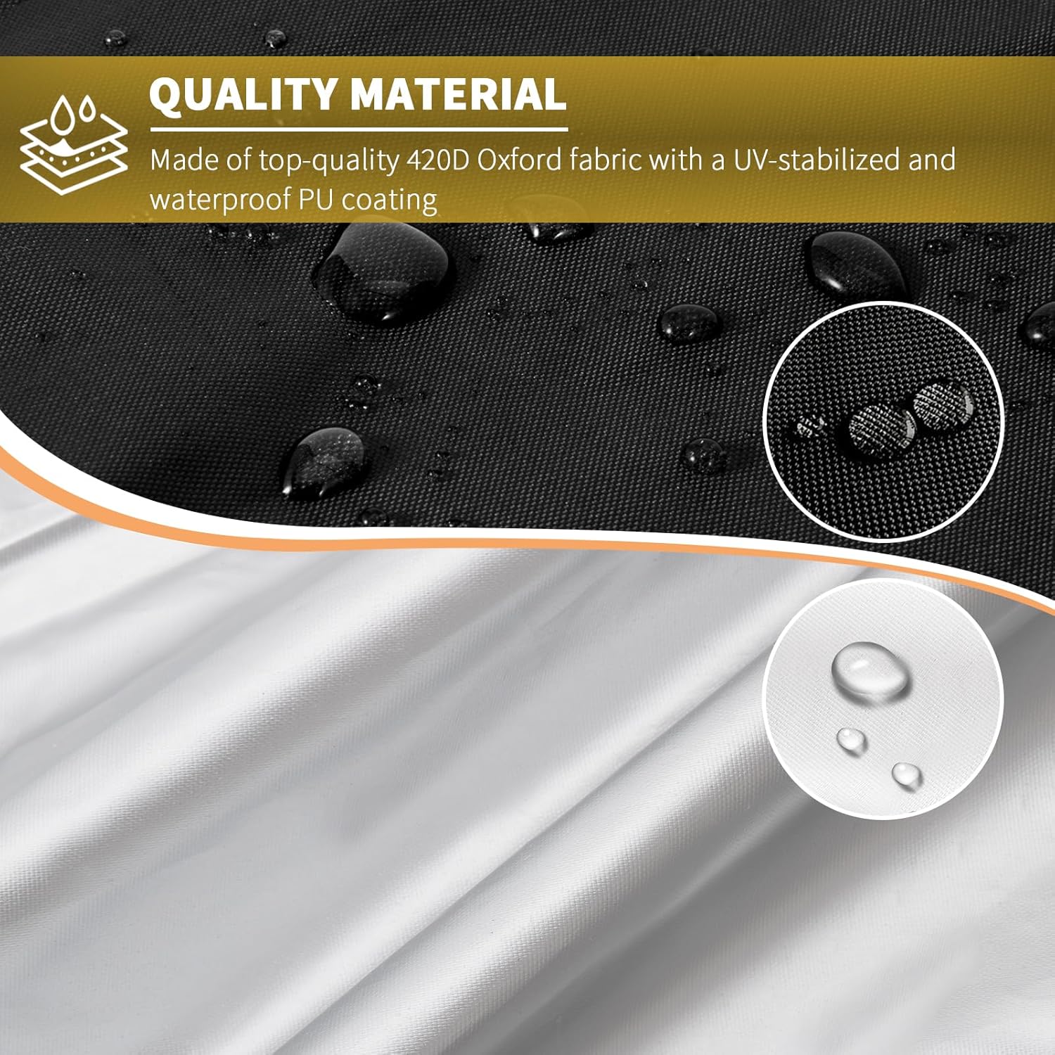 Water droplets beading on the black 420D Oxford outer and the silver PU-coated inner of the BEEWAY cover