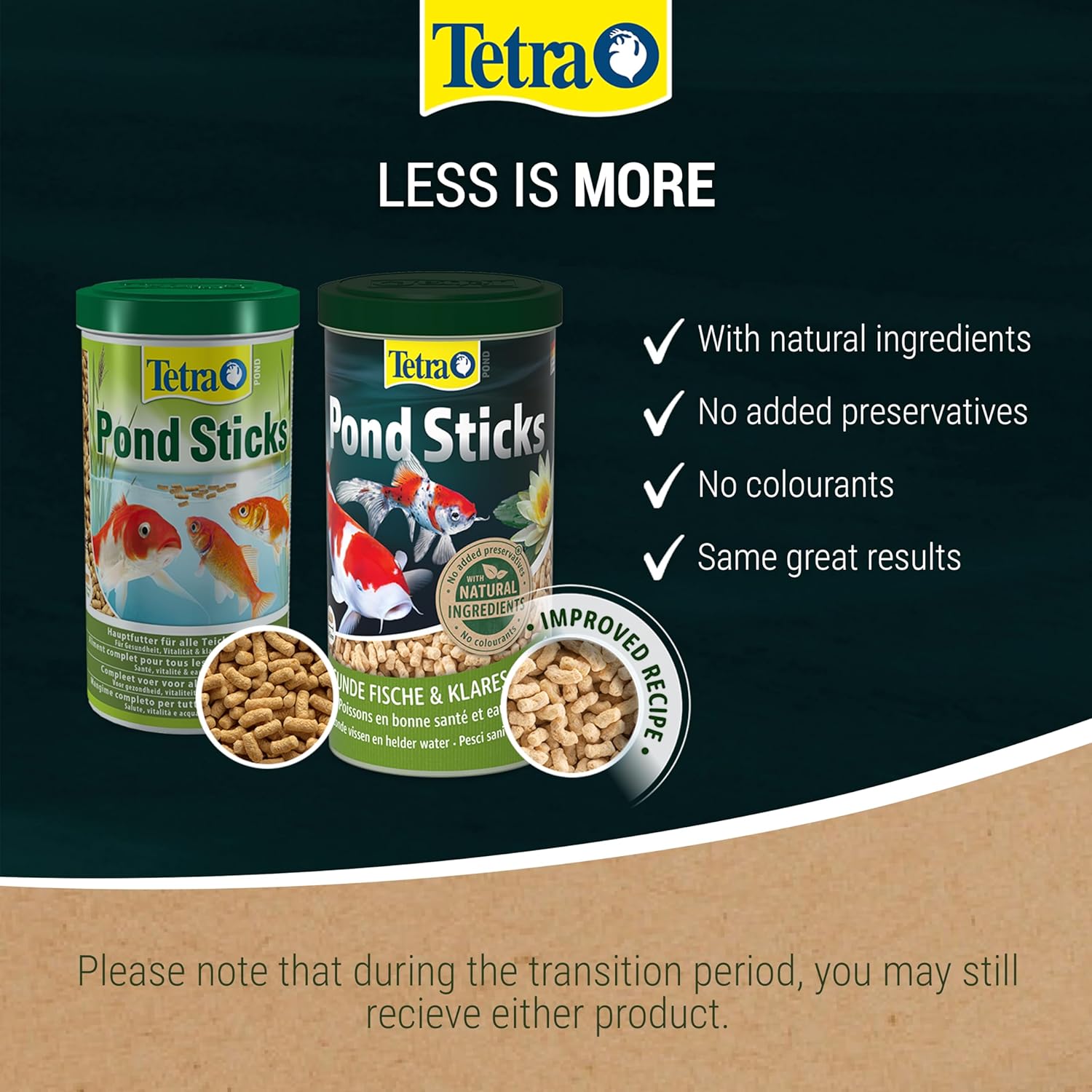 Old green Tetra Pond Sticks tub beside the new dark tub with the improved paler recipe sticks magnified