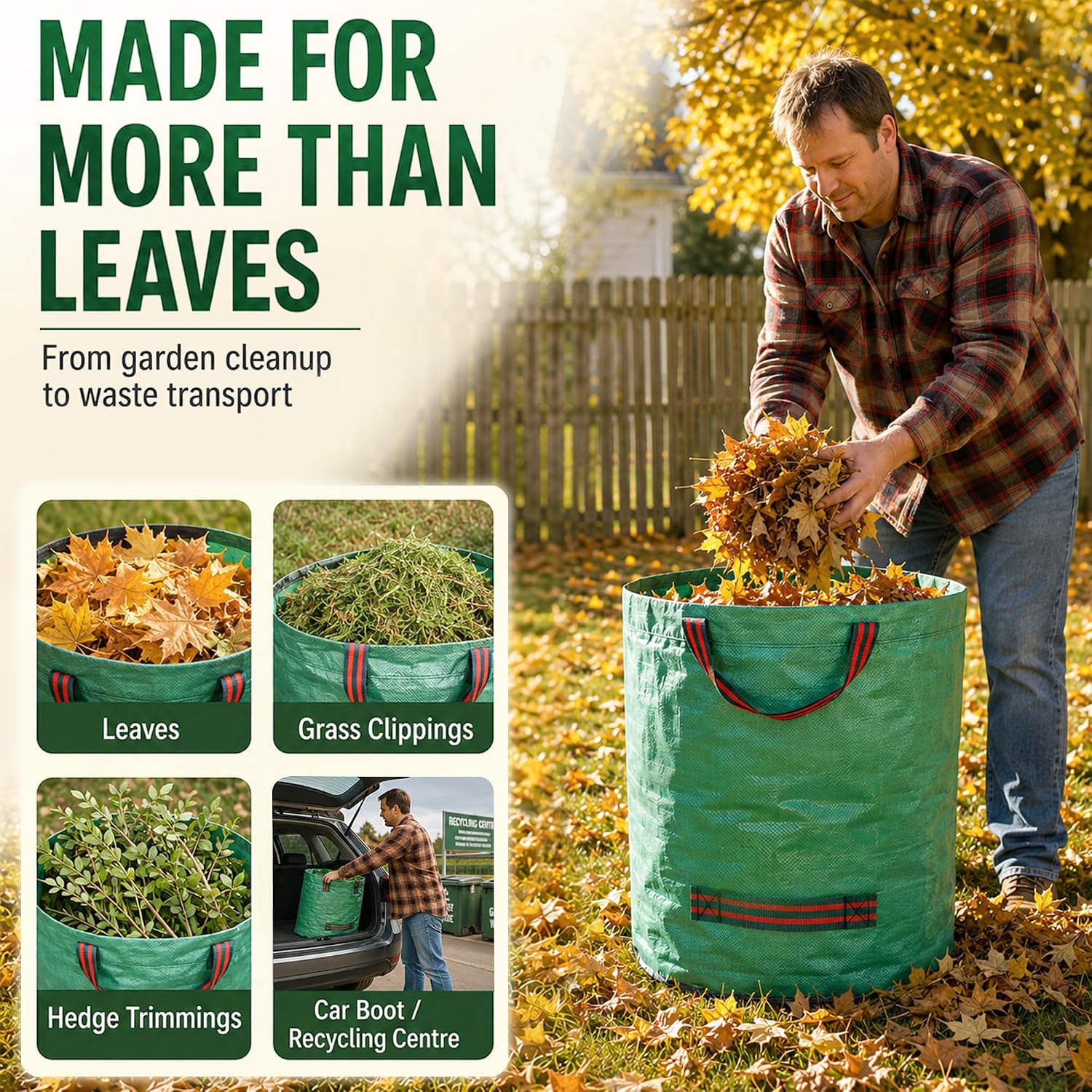 Gardener tipping autumn leaves into a green waste bag, with insets showing grass clippings, hedge trimmings and a car boot at a recycling centre