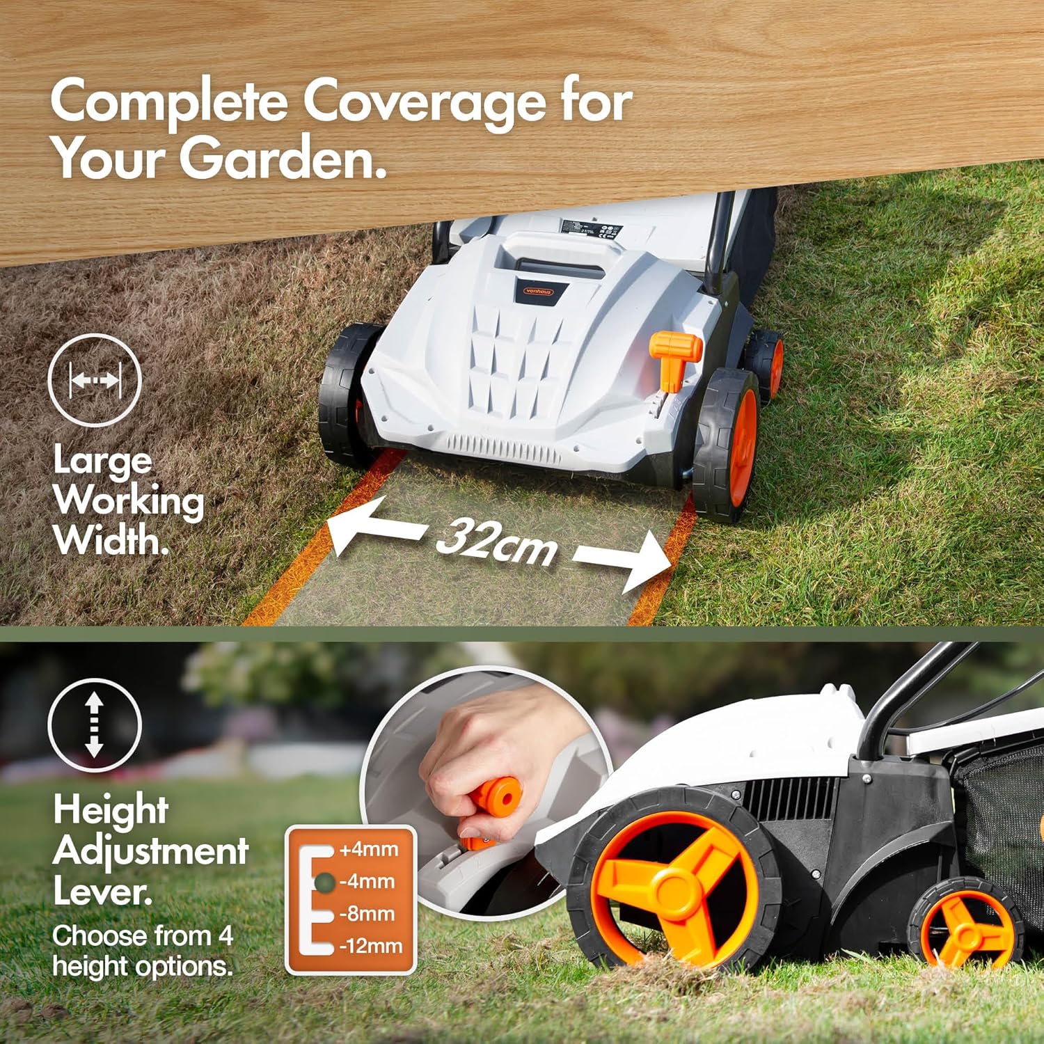 Listing image showing the VonHaus scarifier's 32cm working width and the four-position height adjustment lever