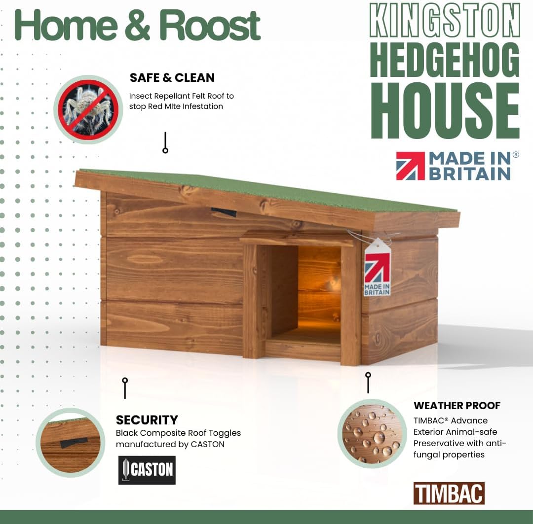 Three-quarter view of the Kingston hedgehog house with Home and Roost callouts claiming an insect-repellent felt roof, CASTON composite roof toggles and TIMBAC animal-safe preservative, and a Made in Britain tag hanging from the porch