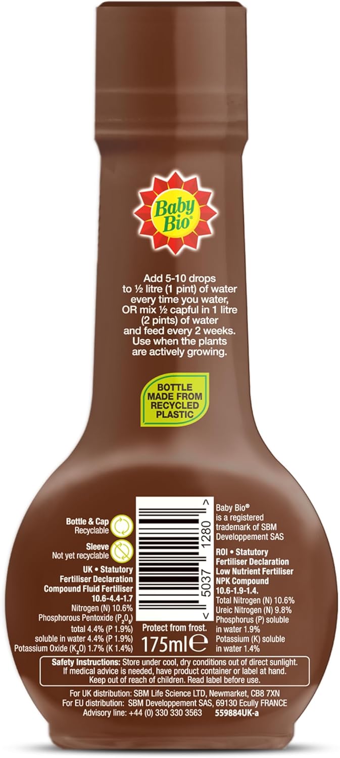 Back label of Baby Bio bottle showing dosage instructions and NPK nutrient content