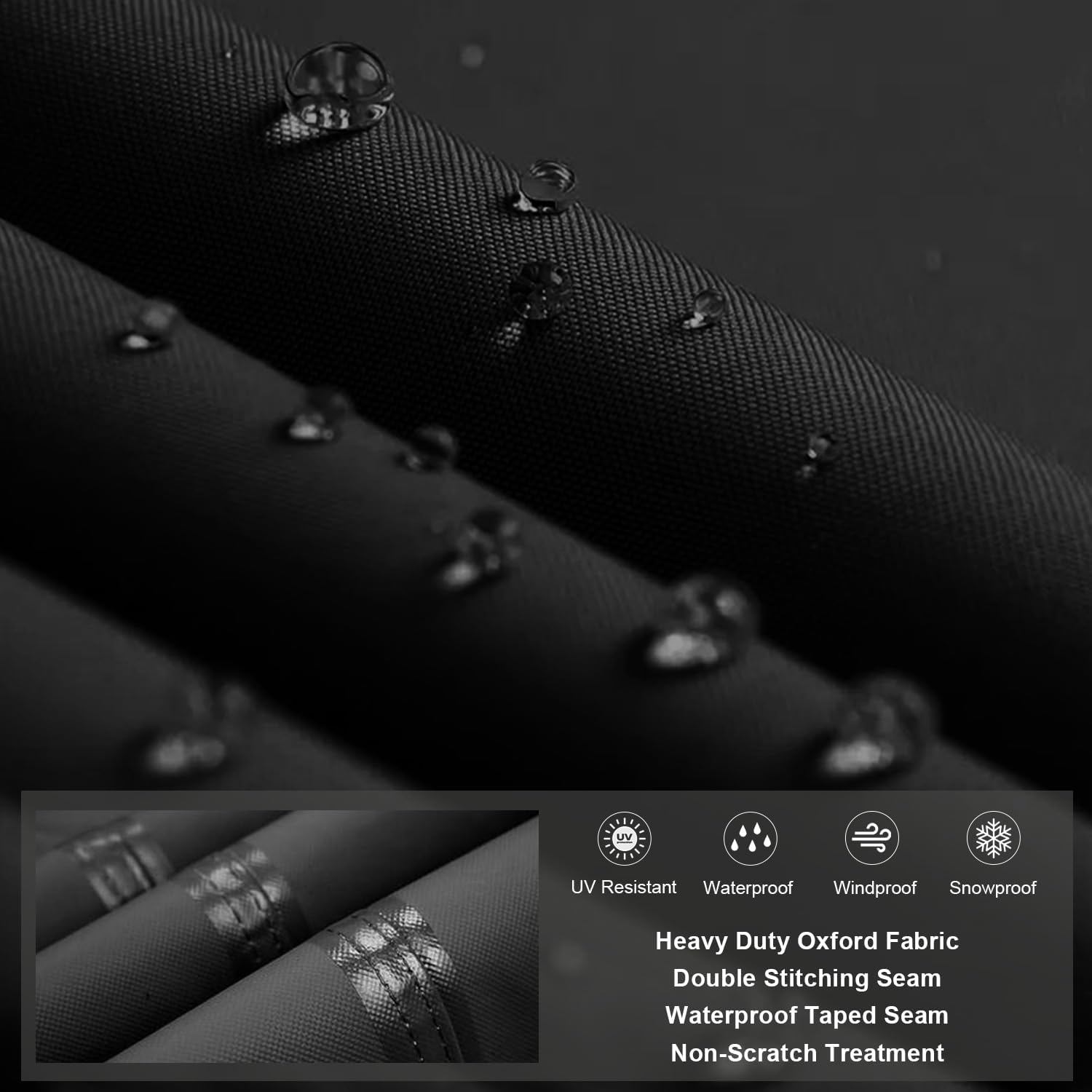 Close-up of black Oxford fabric beading water, with a spec panel listing taped seams and non-scratch treatment
