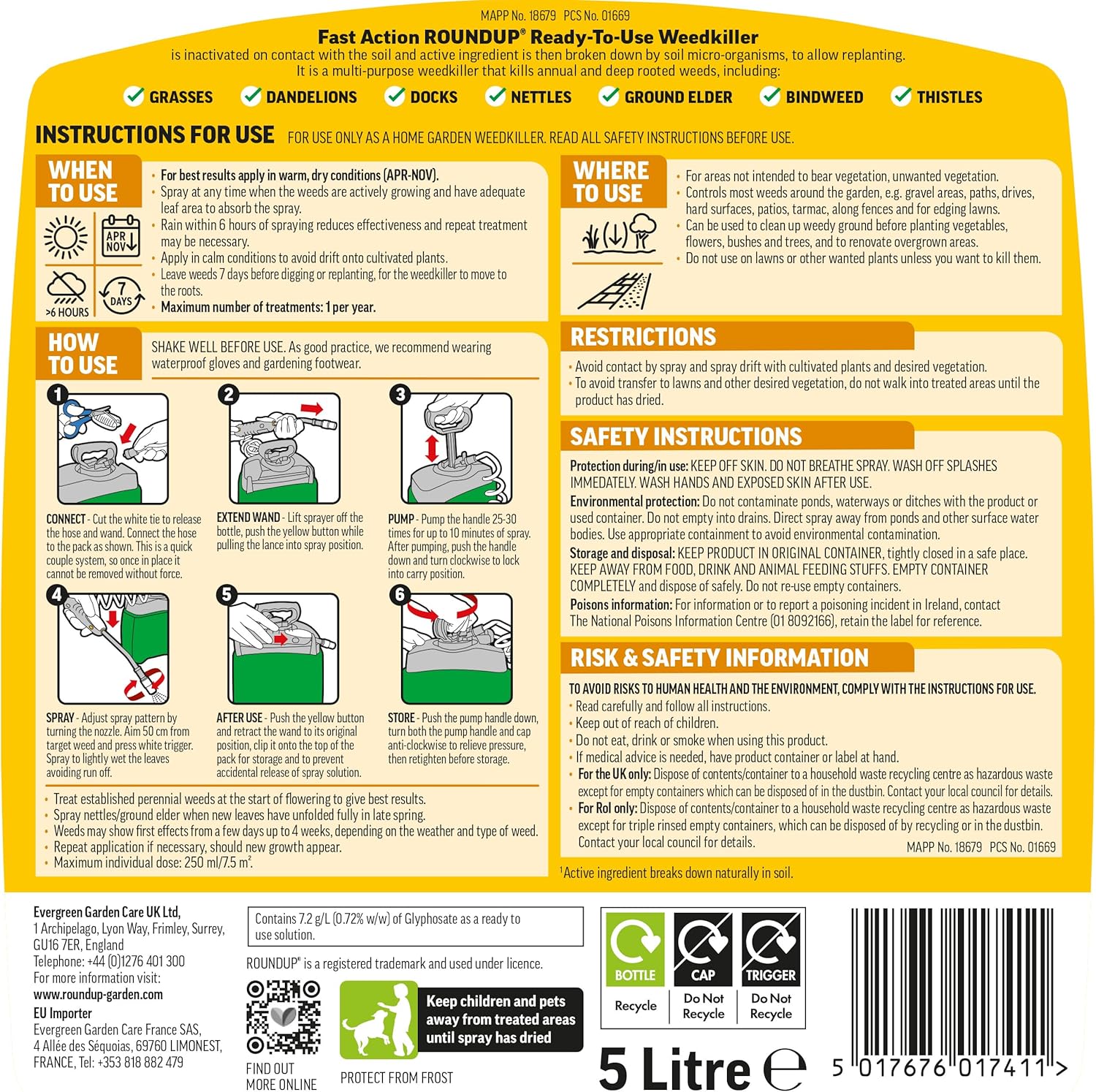 Roundup back label showing the list of weeds killed and application instructions