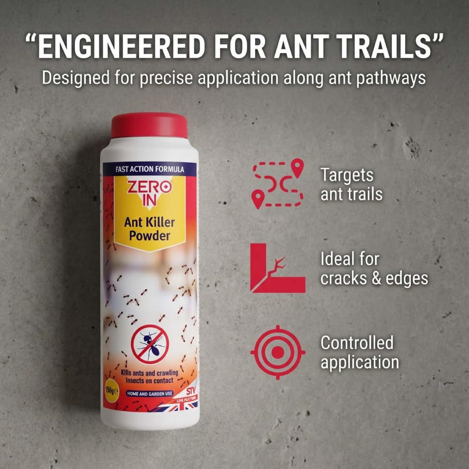 Close-up of the child-resistant cap on the Zero In ant powder tub