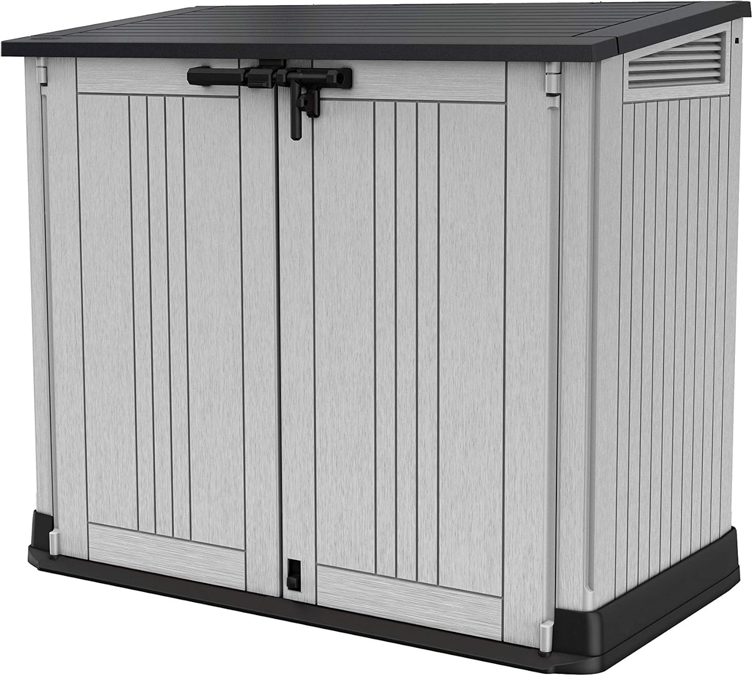 Close-up showing the front lip and base detail of the Keter Store It Out Nova storage shed