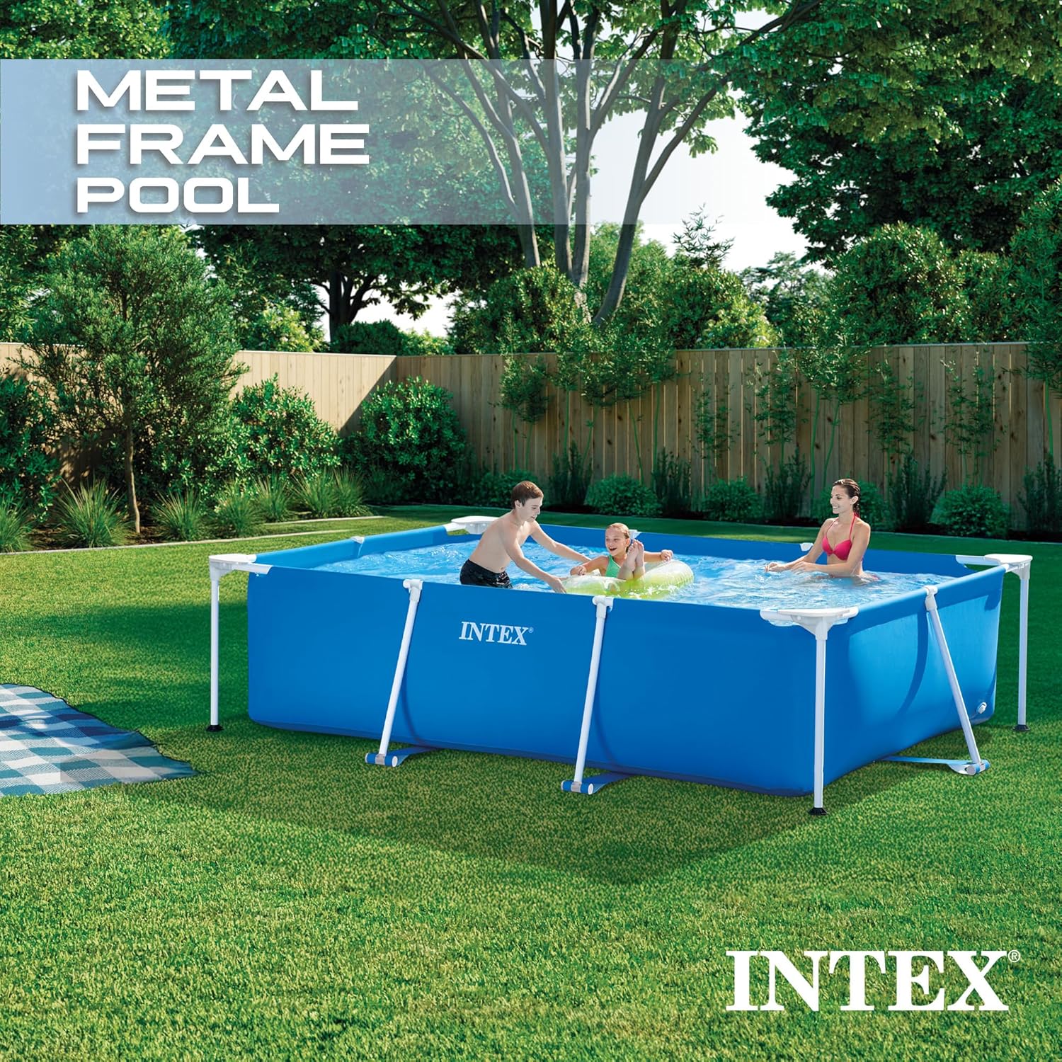 Close-up of the metal pole joint and connector on the Intex pool