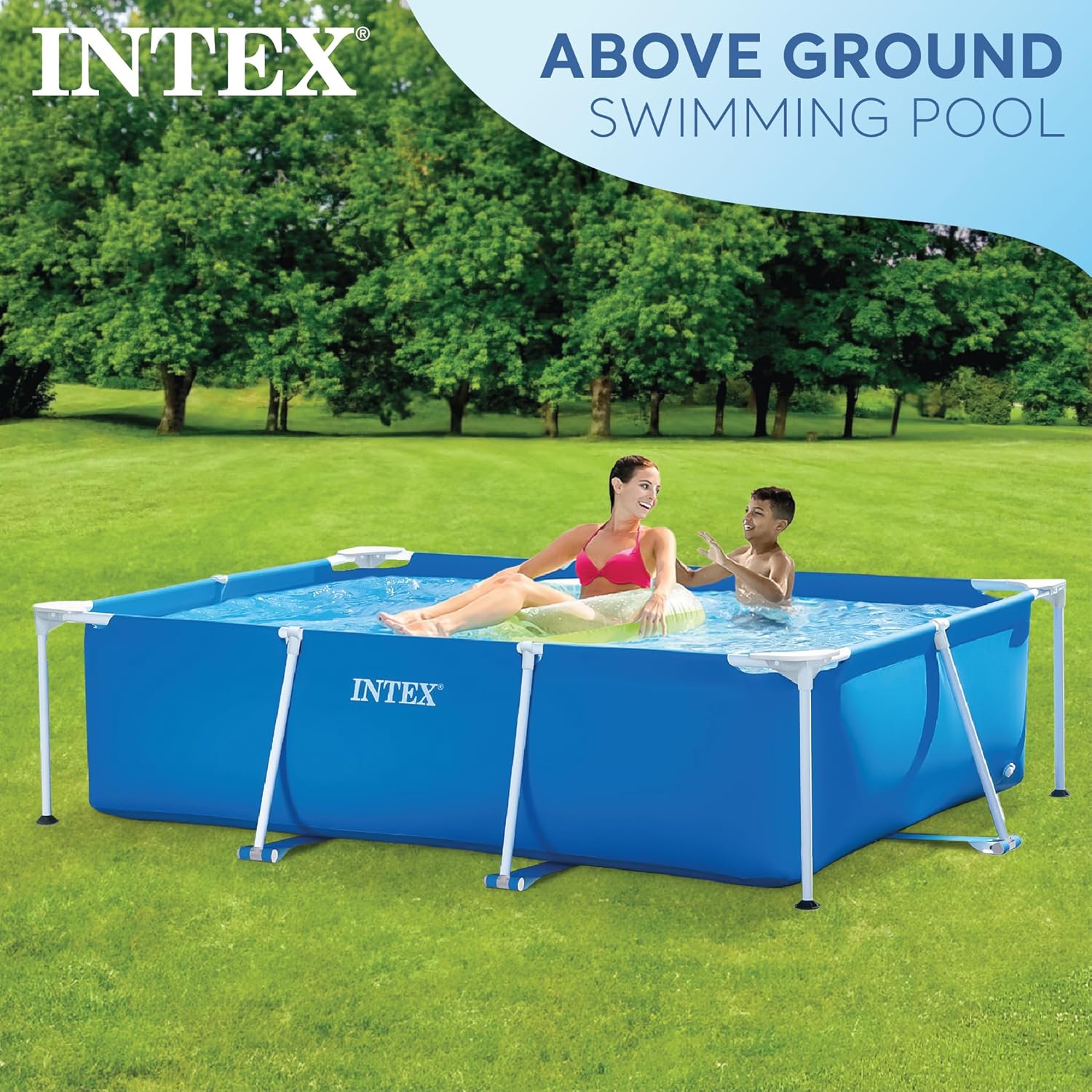 Intex rectangular pool close-up showing water capacity and frame construction