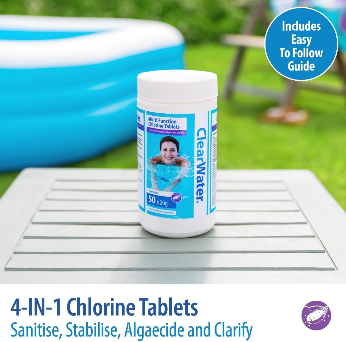 Close-up of a single white Clearwater multifunction chlorine tablet