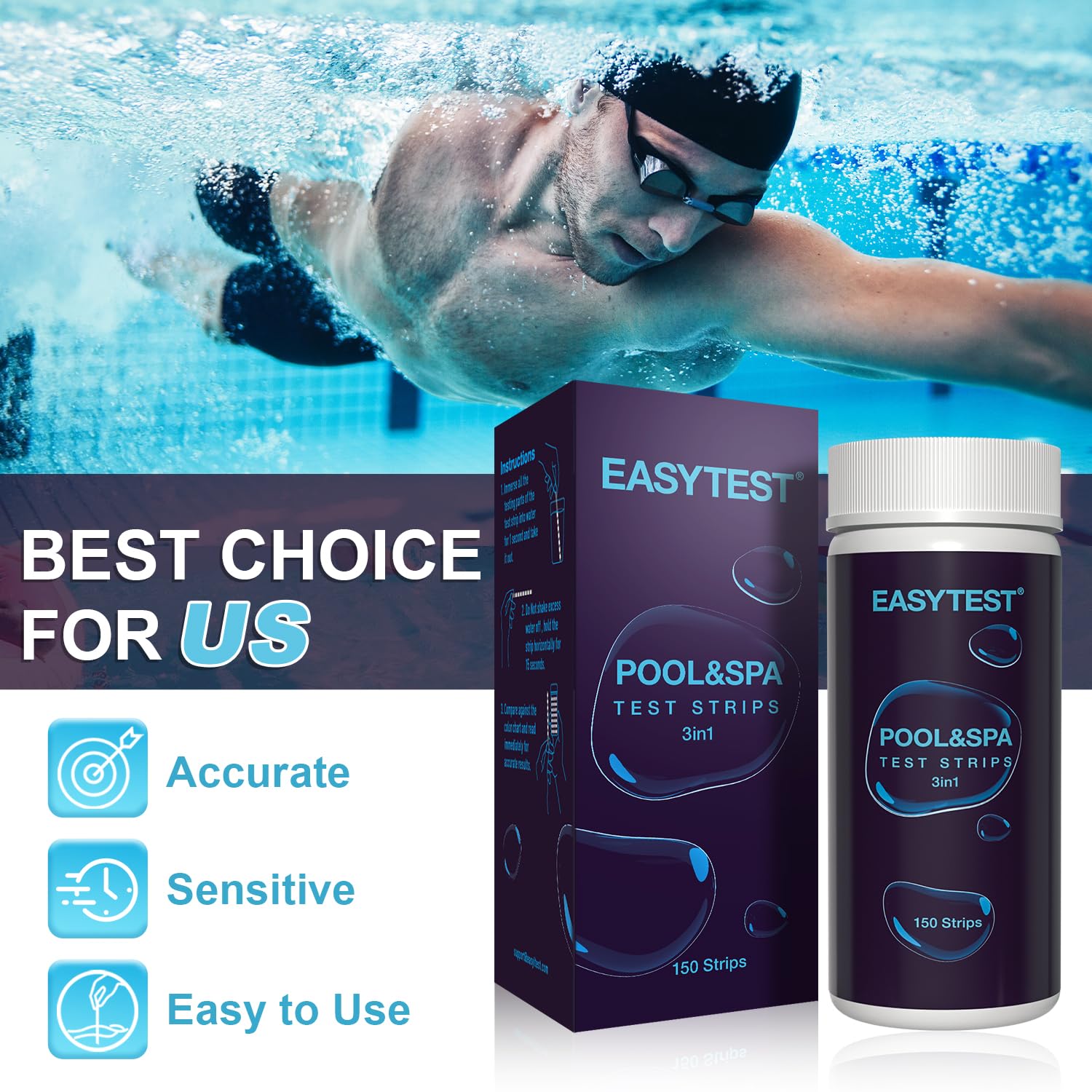 Close-up of EASYTEST 3-in-1 test strip pads for pool and spa water testing