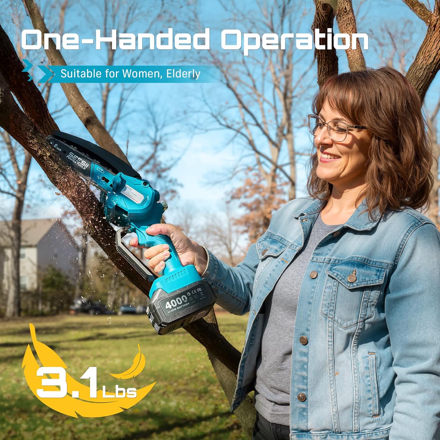 Woman pruning a tree branch one-handed with the blue Seesii mini chainsaw, listing badge reading One-Handed Operation and 3.1 Lbs