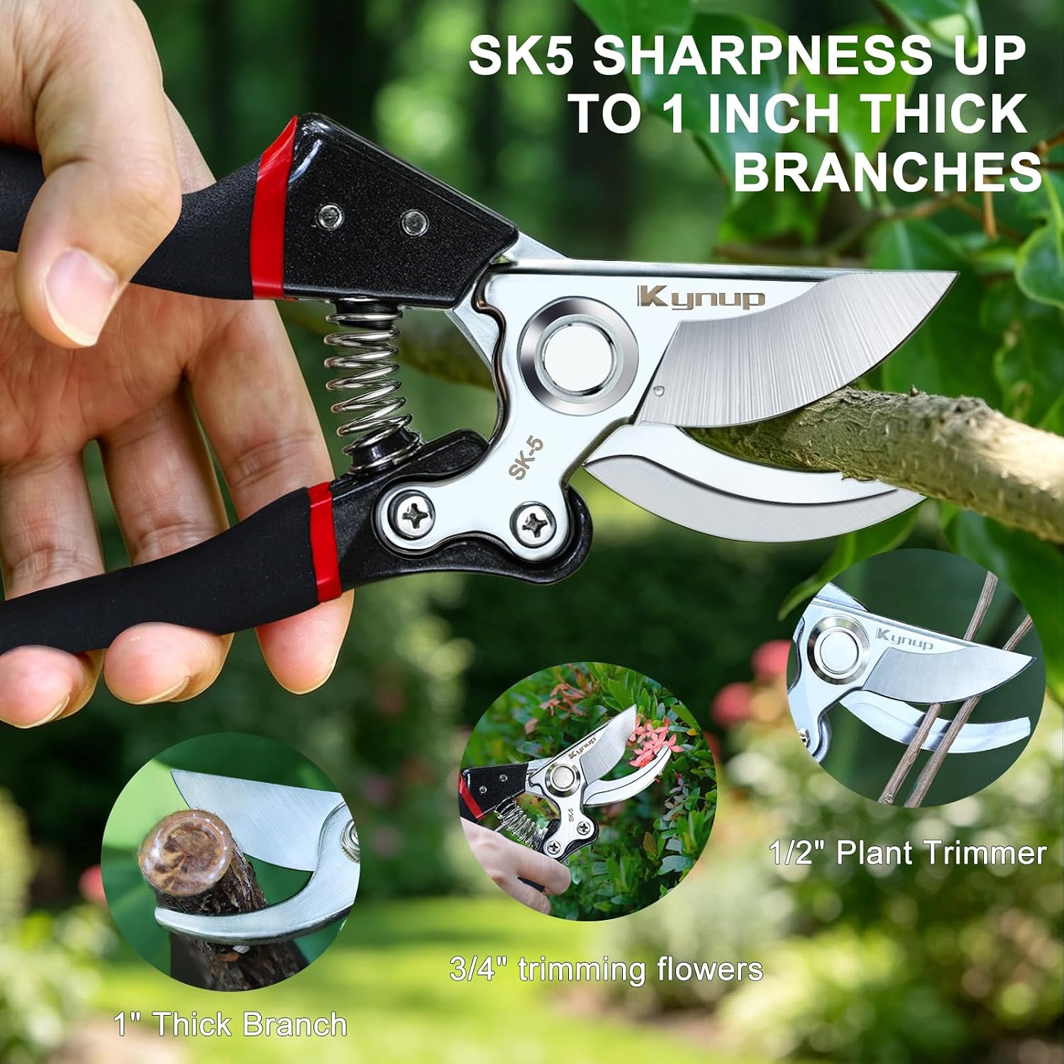 Infographic showing the Kynup secateurs cutting a one-inch branch, with smaller trimming examples