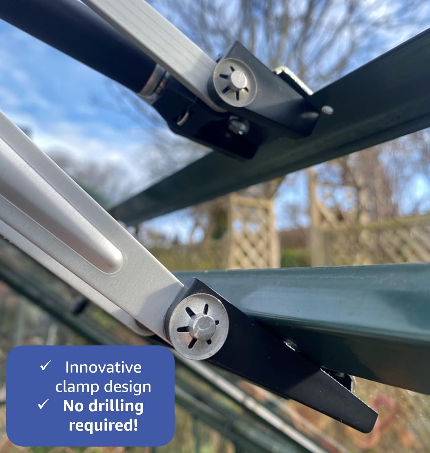 The Bayliss XL clamp gripping a green aluminium greenhouse glazing bar, captioned no drilling required