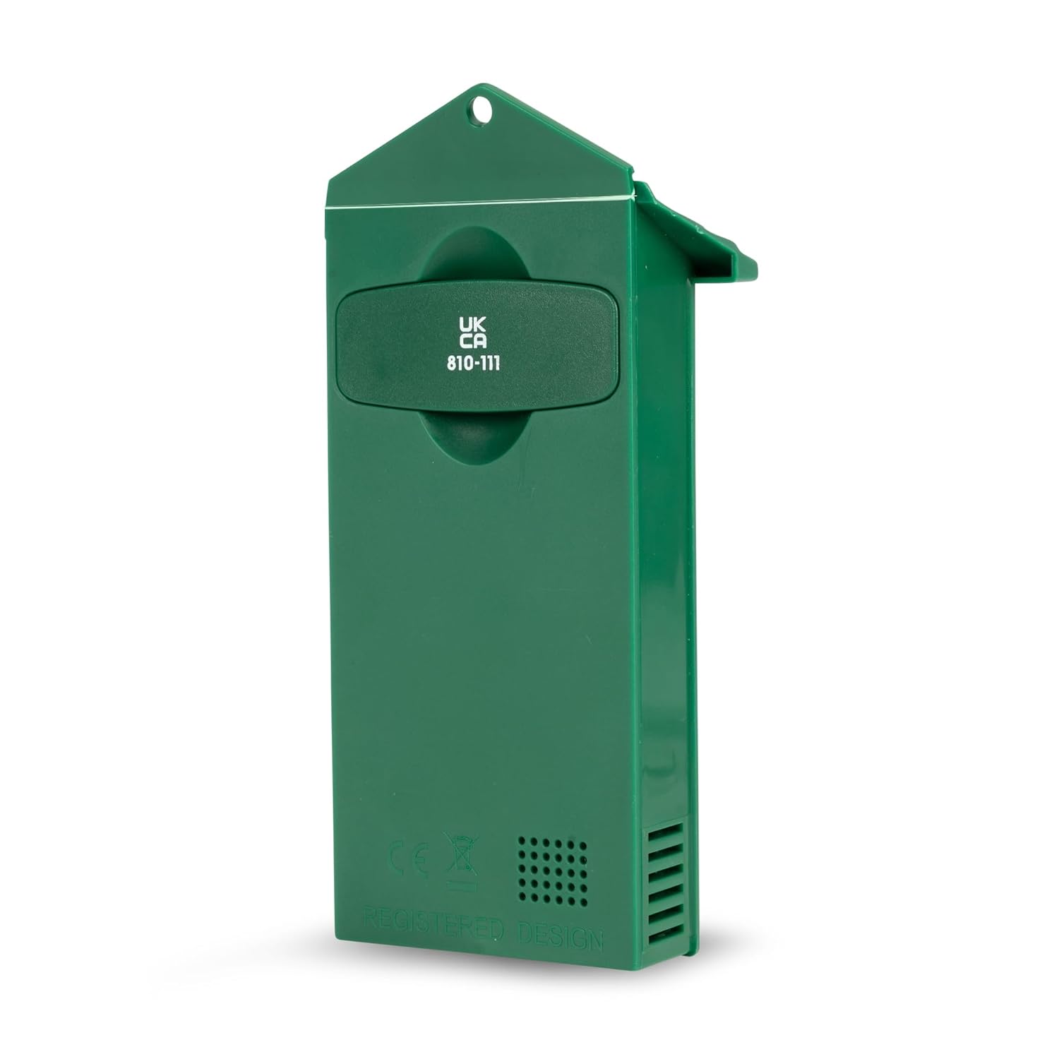 Rear of the green thermometer showing the battery compartment door, UKCA and CE marks and moulded ventilation slots