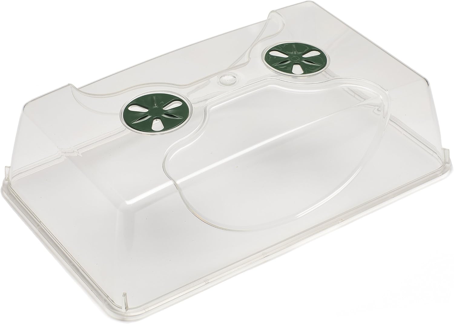 Clear shatter-resistant lid with two adjustable green ventilation wheels and a curved handle recess