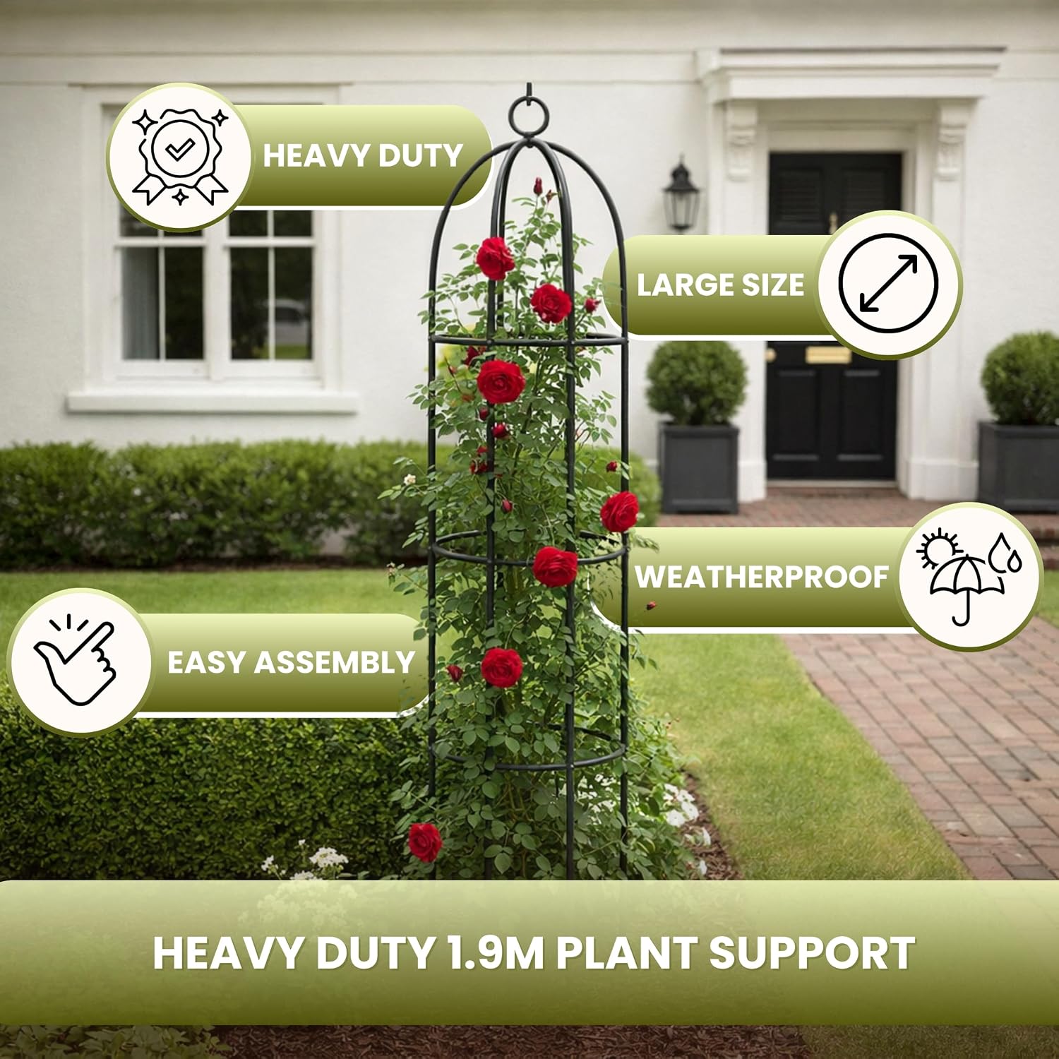 Metal garden obelisk covered in red climbing roses beside a front door, with heavy duty and weatherproof feature callouts