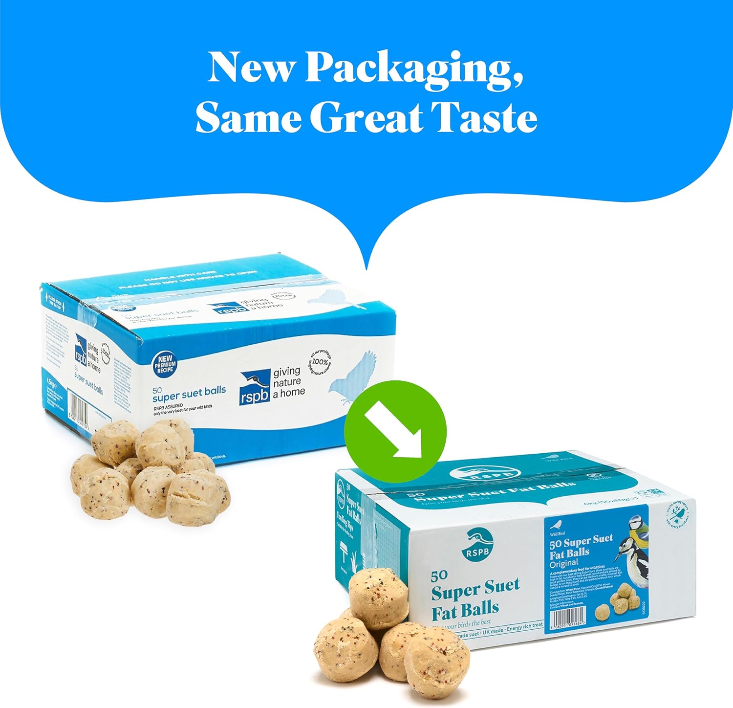 RSPB new packaging comparison showing the older 4.5kg box beside the current 4kg box of 50 super suet fat balls